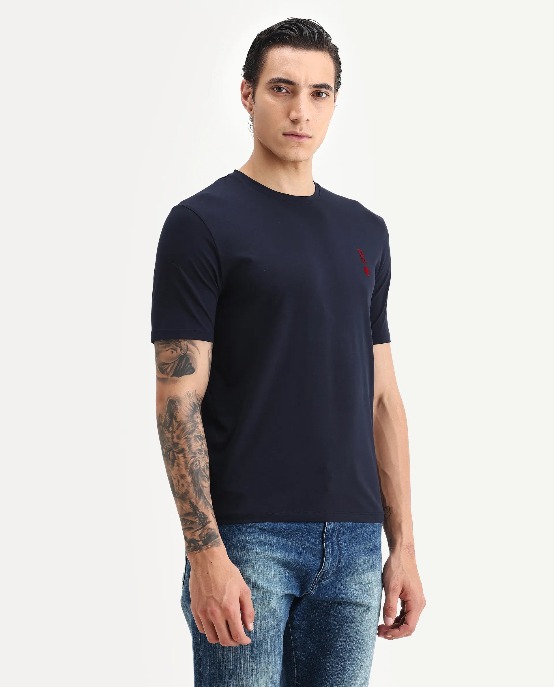 Rare Rabbit Men's Deck Navy Cotton Blend Flock Print Regular Fit Half Sleeve Crew Neck T-Shirt