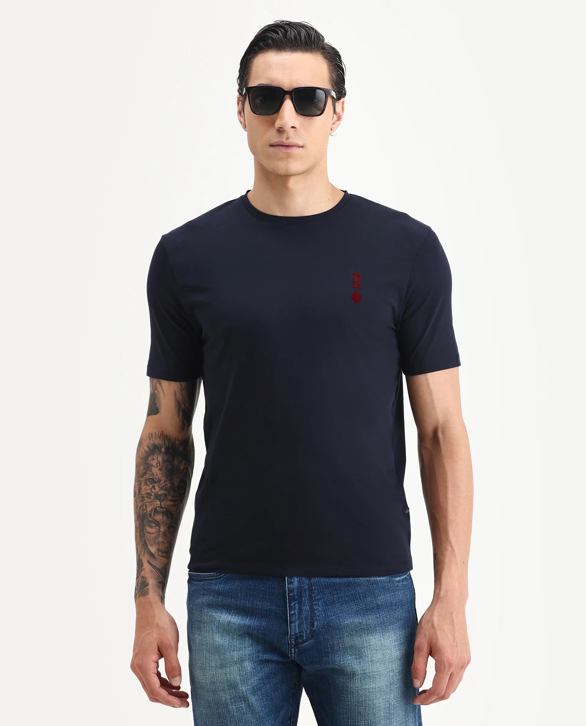 Rare Rabbit Men's Deck Navy Cotton Blend Flock Print Regular Fit Half Sleeve Crew Neck T-Shirt