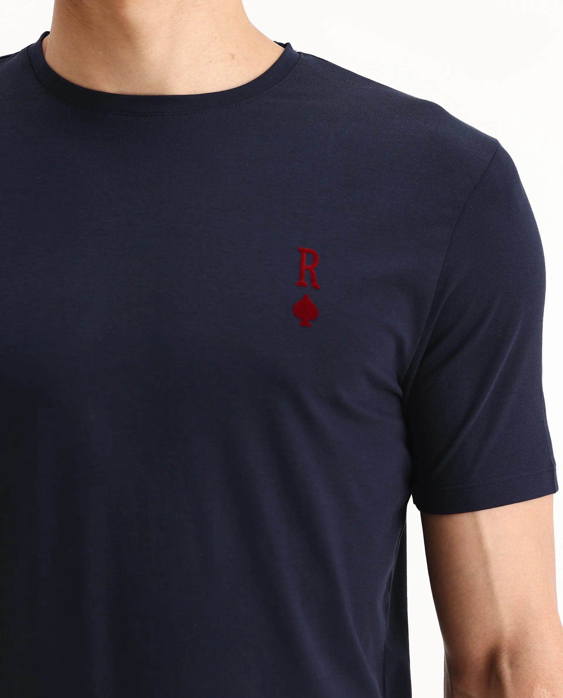 Rare Rabbit Men's Deck Navy Cotton Blend Flock Print Regular Fit Half Sleeve Crew Neck T-Shirt