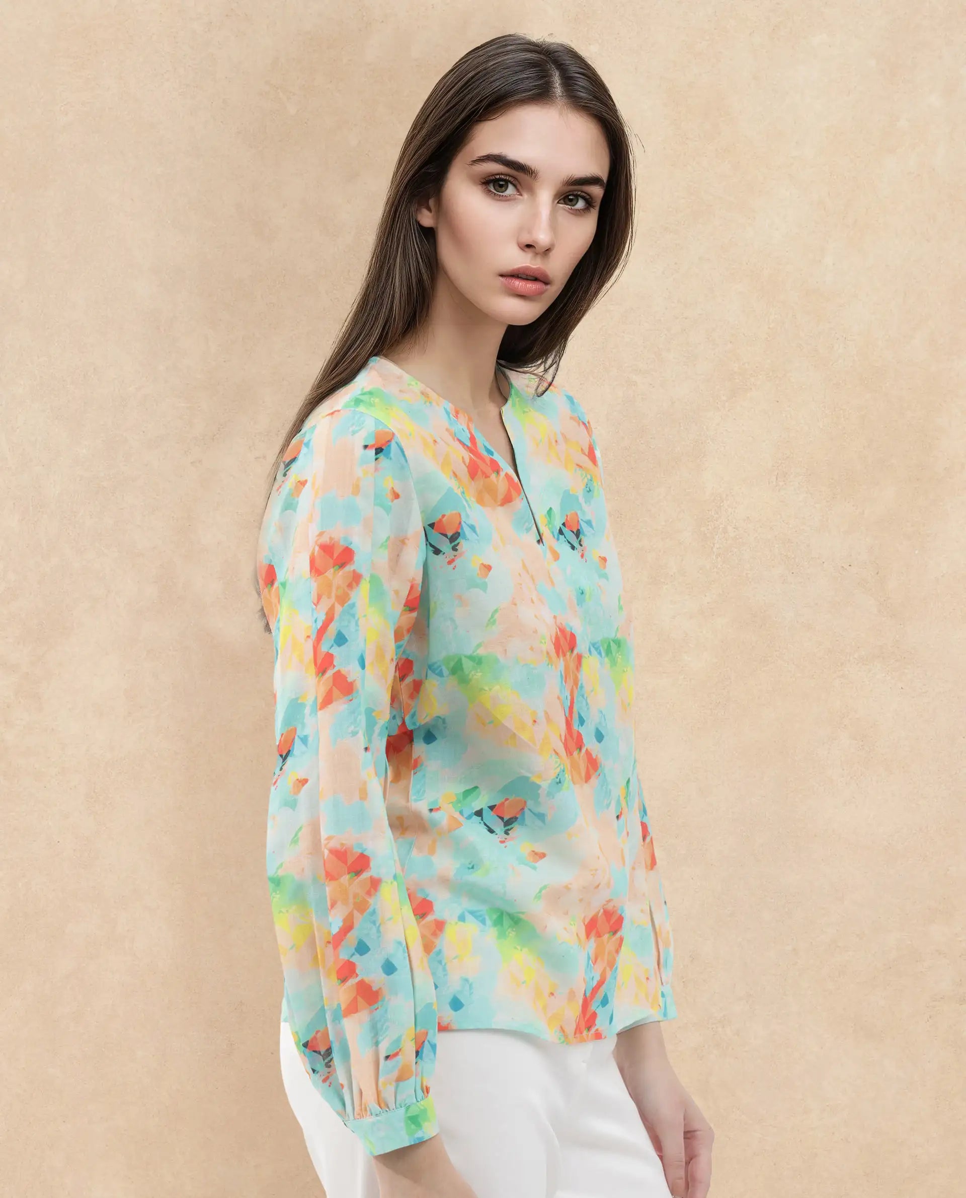 Rareism Women Deimos-SC Flouroscent Multi Linen Fabric Full Sleeve V-Neck Button Closure Geometric Print Regular Fit Top