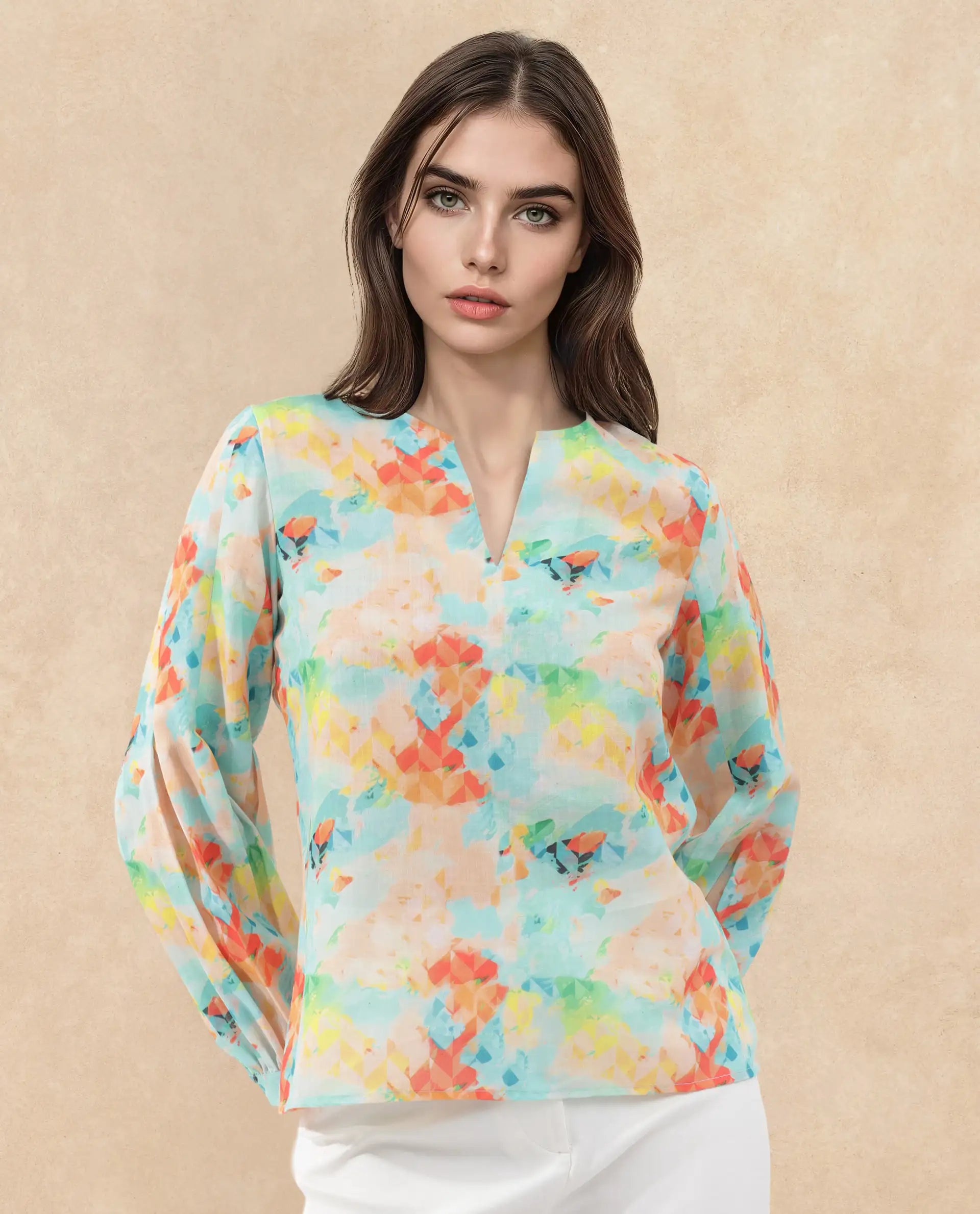 Rareism Women Deimos-SC Flouroscent Multi Linen Fabric Full Sleeve V-Neck Button Closure Geometric Print Regular Fit Top