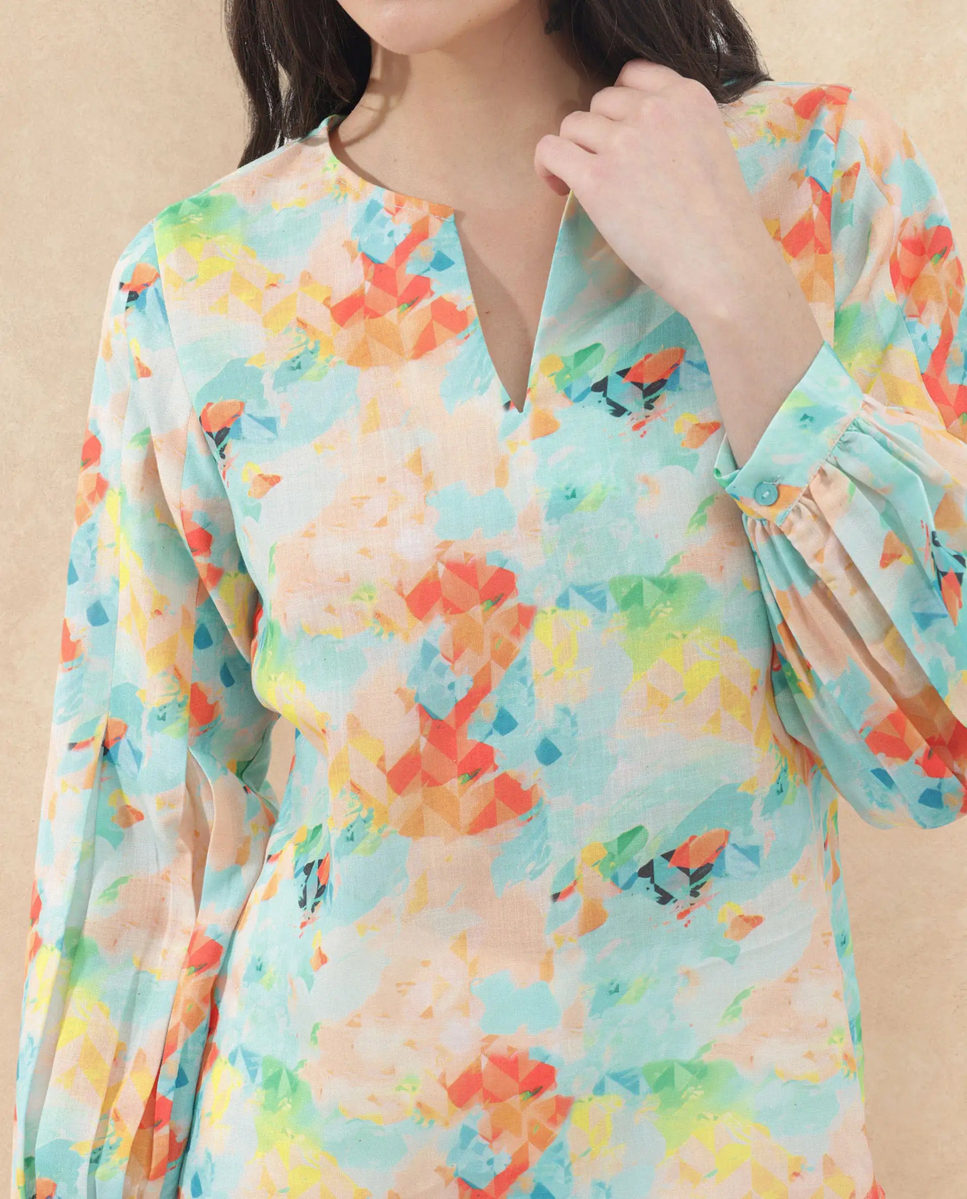 Rareism Women Deimos-SC Flouroscent Multi Linen Fabric Full Sleeve V-Neck Button Closure Geometric Print Regular Fit Top