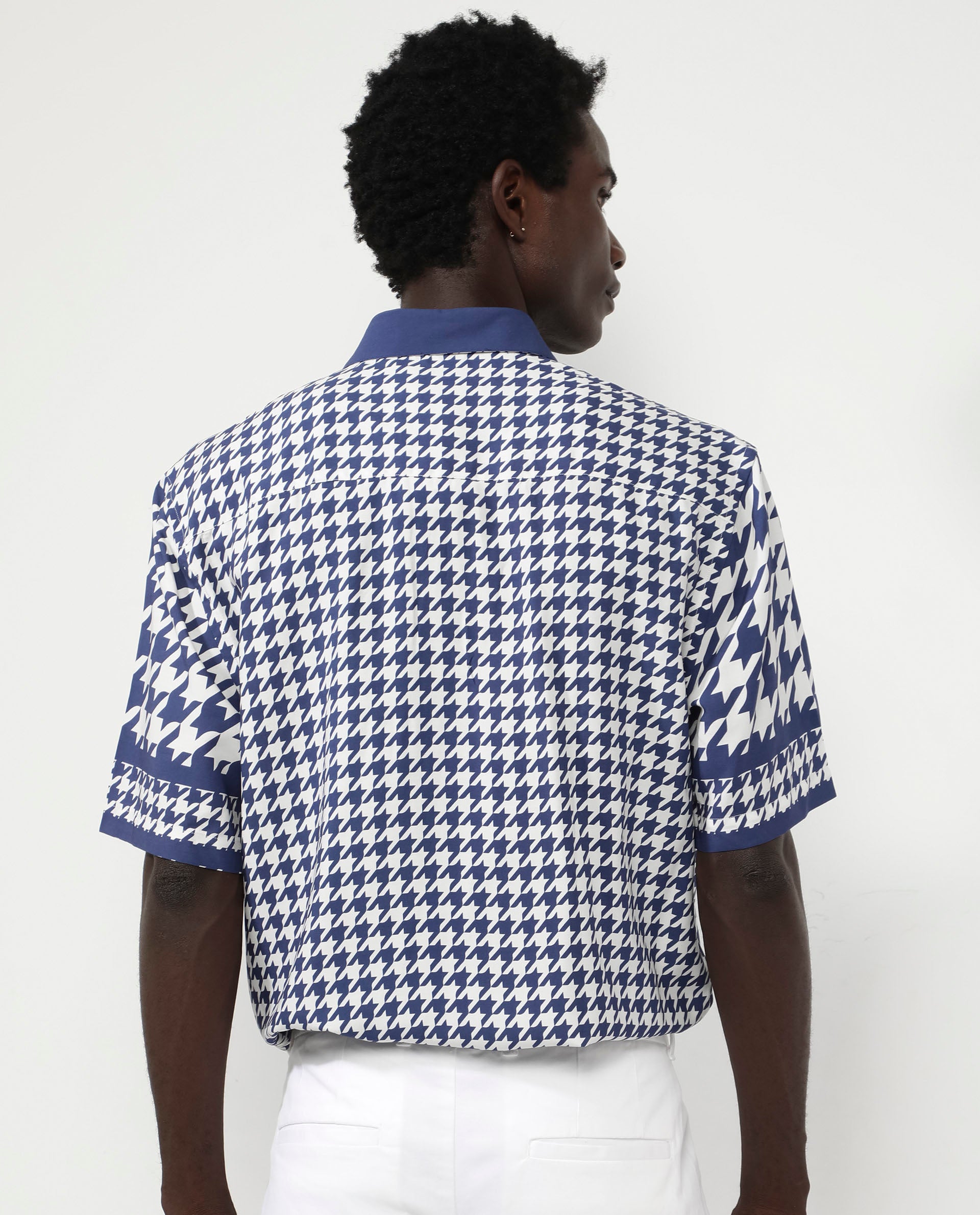 Rare Rabbit Men's Dejen Dark Blue Viscose Fabric Short Sleeve Boxy Fit Houndstooth Print Shirt