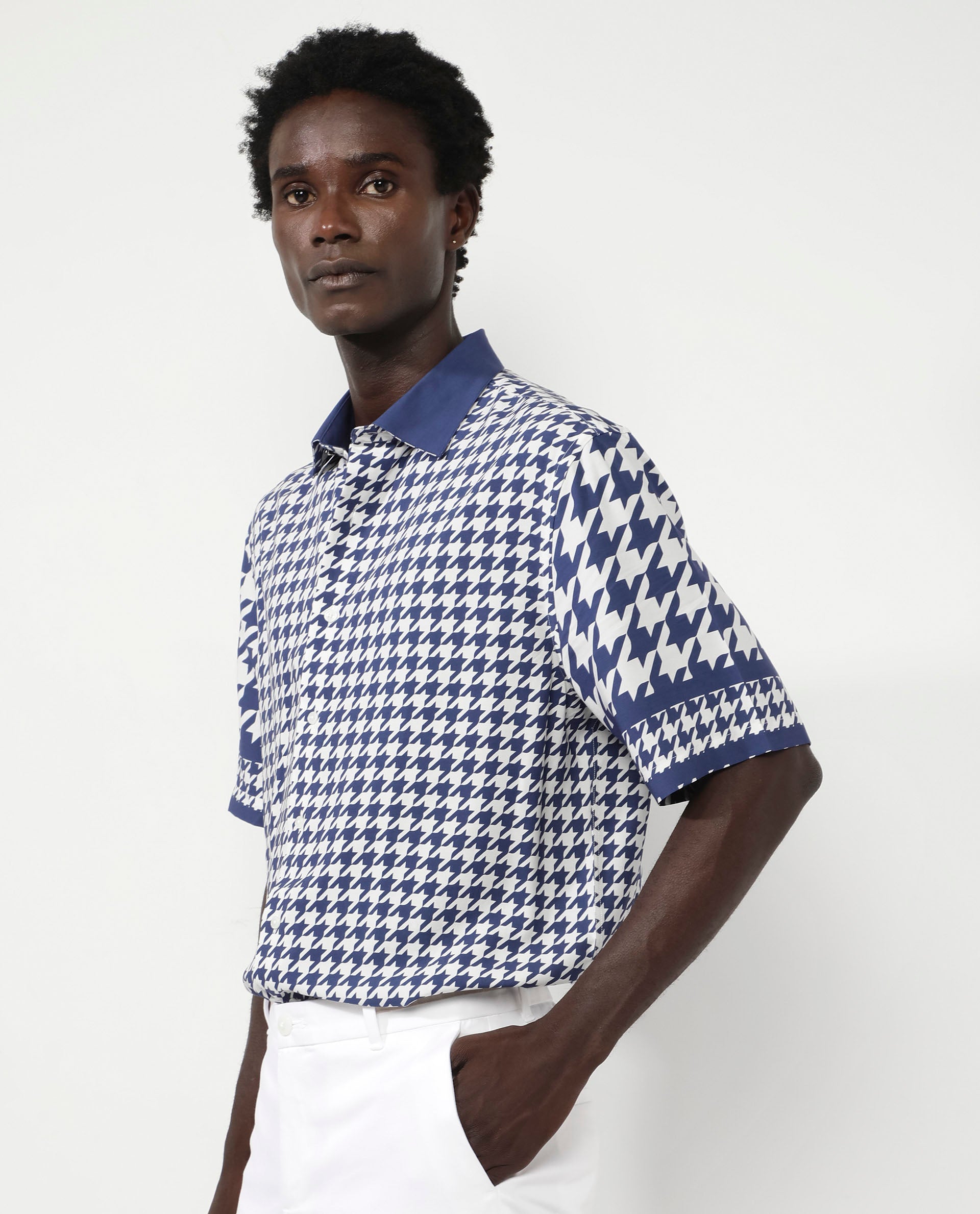 Rare Rabbit Men's Dejen Dark Blue Viscose Fabric Short Sleeve Boxy Fit Houndstooth Print Shirt