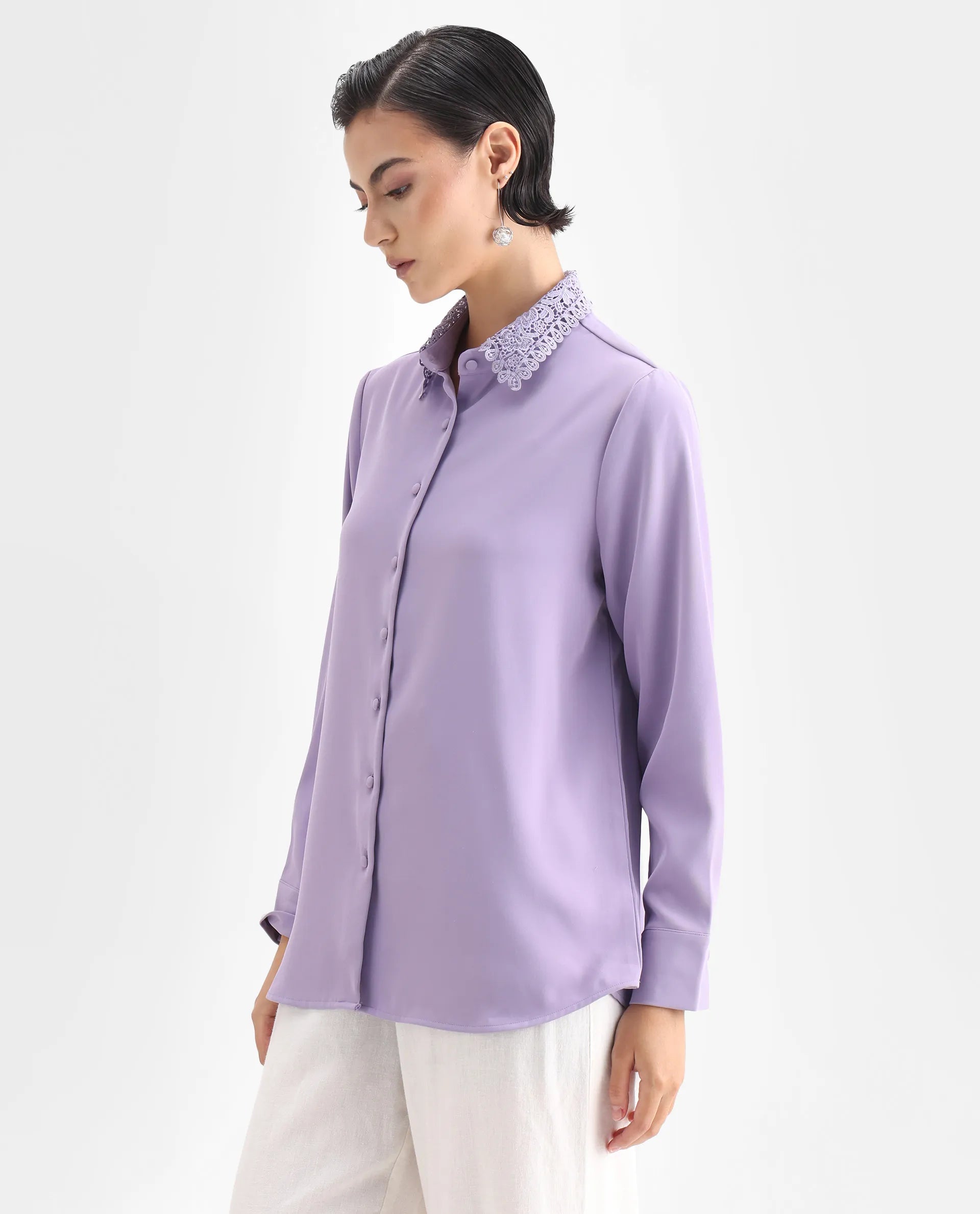 Rareism Women's Dejon Dusky Lavender Polyester Spread Collar Plain Cuffed Sleeve Regular Fit Shirt