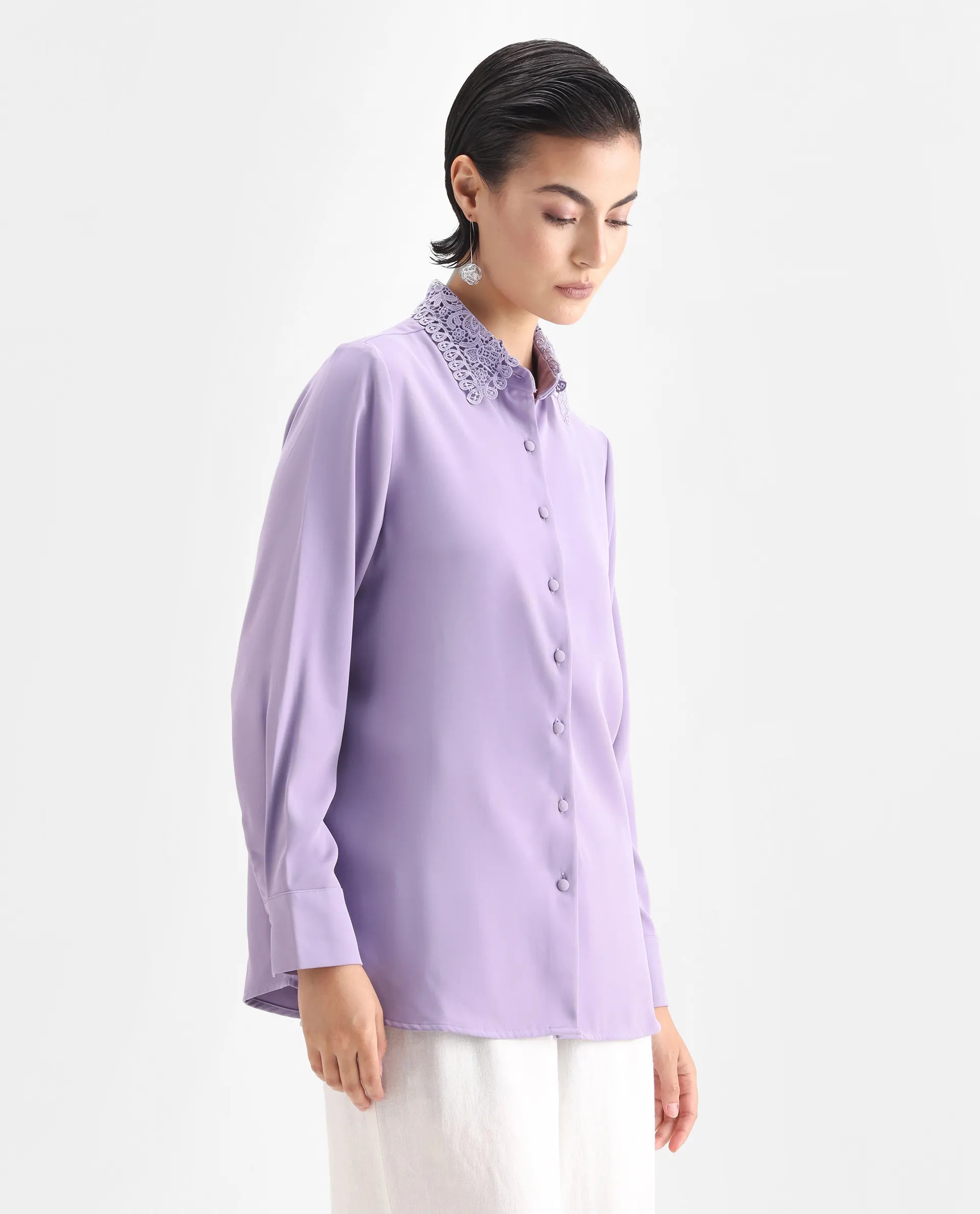 Rareism Women's Dejon Dusky Lavender Polyester Spread Collar Plain Cuffed Sleeve Regular Fit Shirt