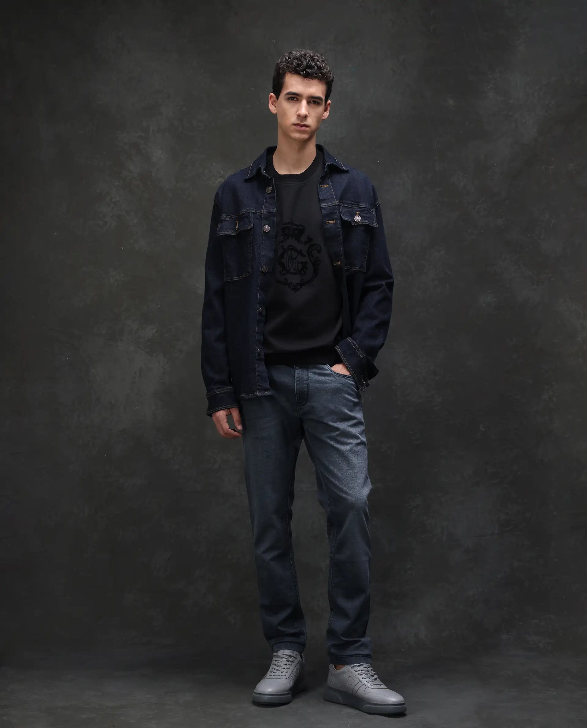 Rare Rabbit Men's Delft Dusky Blue Cotton Plain Hawk Slim Fit Jeans