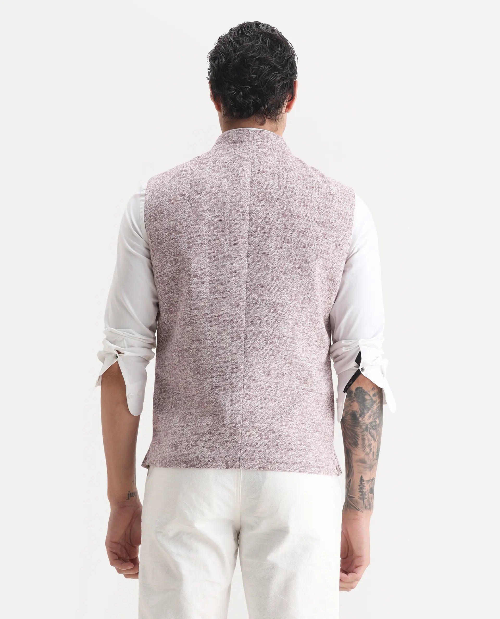 Rare Rabbit Men's Delia Light Pink Linen Jacquard Tailored Fit Sleeveless Mandarin Collar Bandhgala