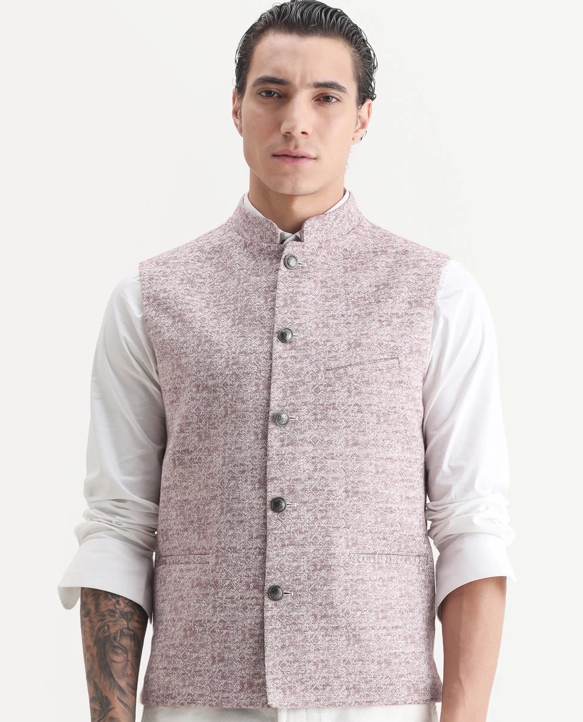 Rare Rabbit Men's Delia Light Pink Linen Jacquard Tailored Fit Sleeveless Mandarin Collar Bandhgala