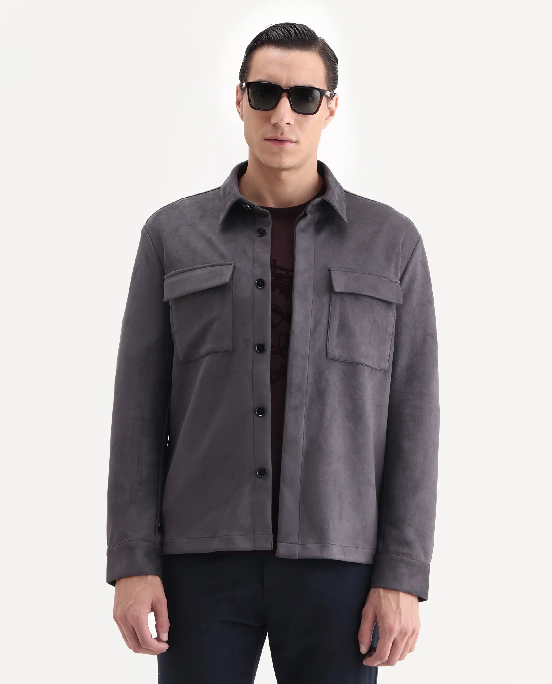 Rare Rabbit Men's Delk-25 Grey Polyester Blend Fabric Collared Neck Relaxed Plain Jacket