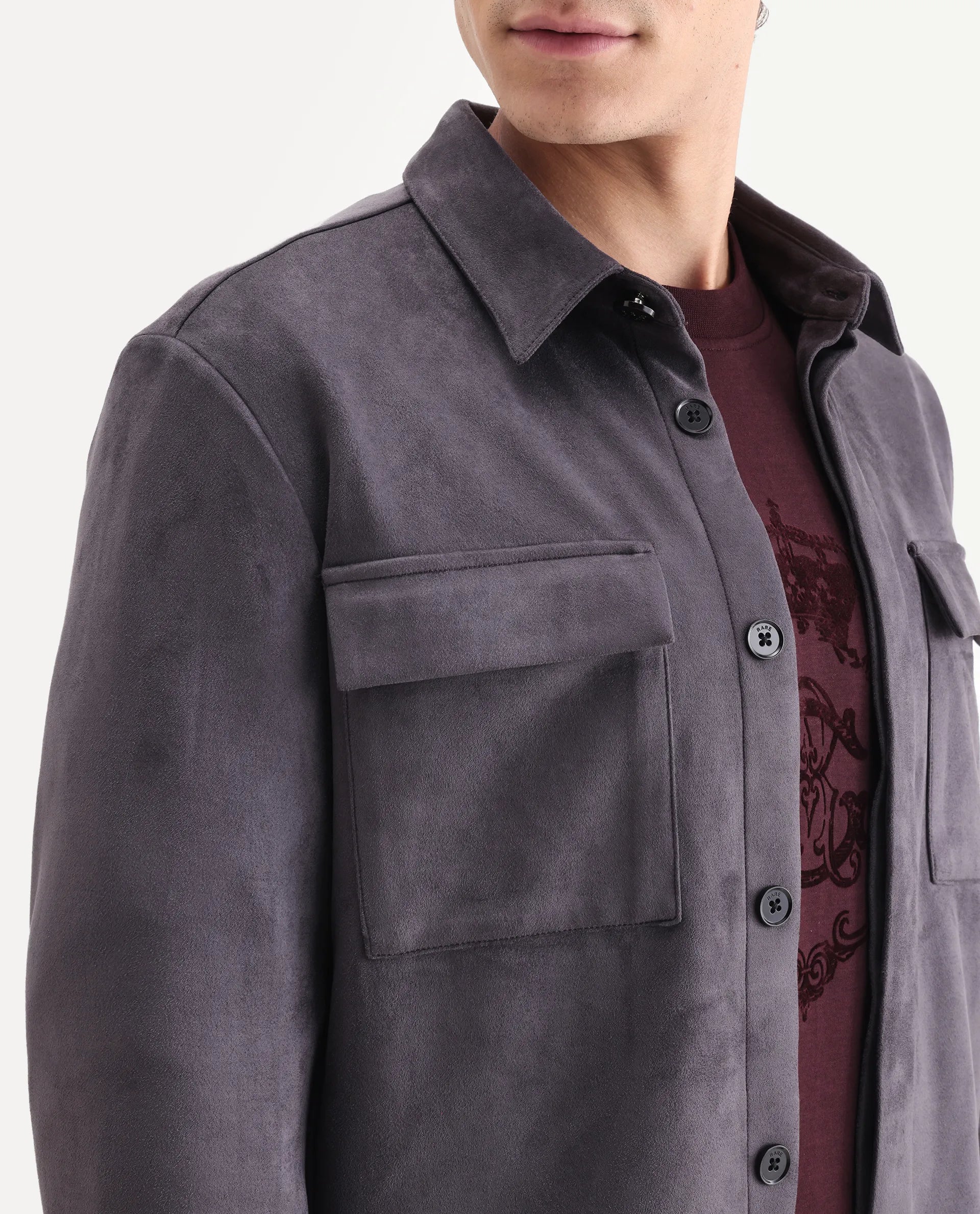 Rare Rabbit Men's Delk-25 Grey Polyester Blend Fabric Collared Neck Relaxed Plain Jacket