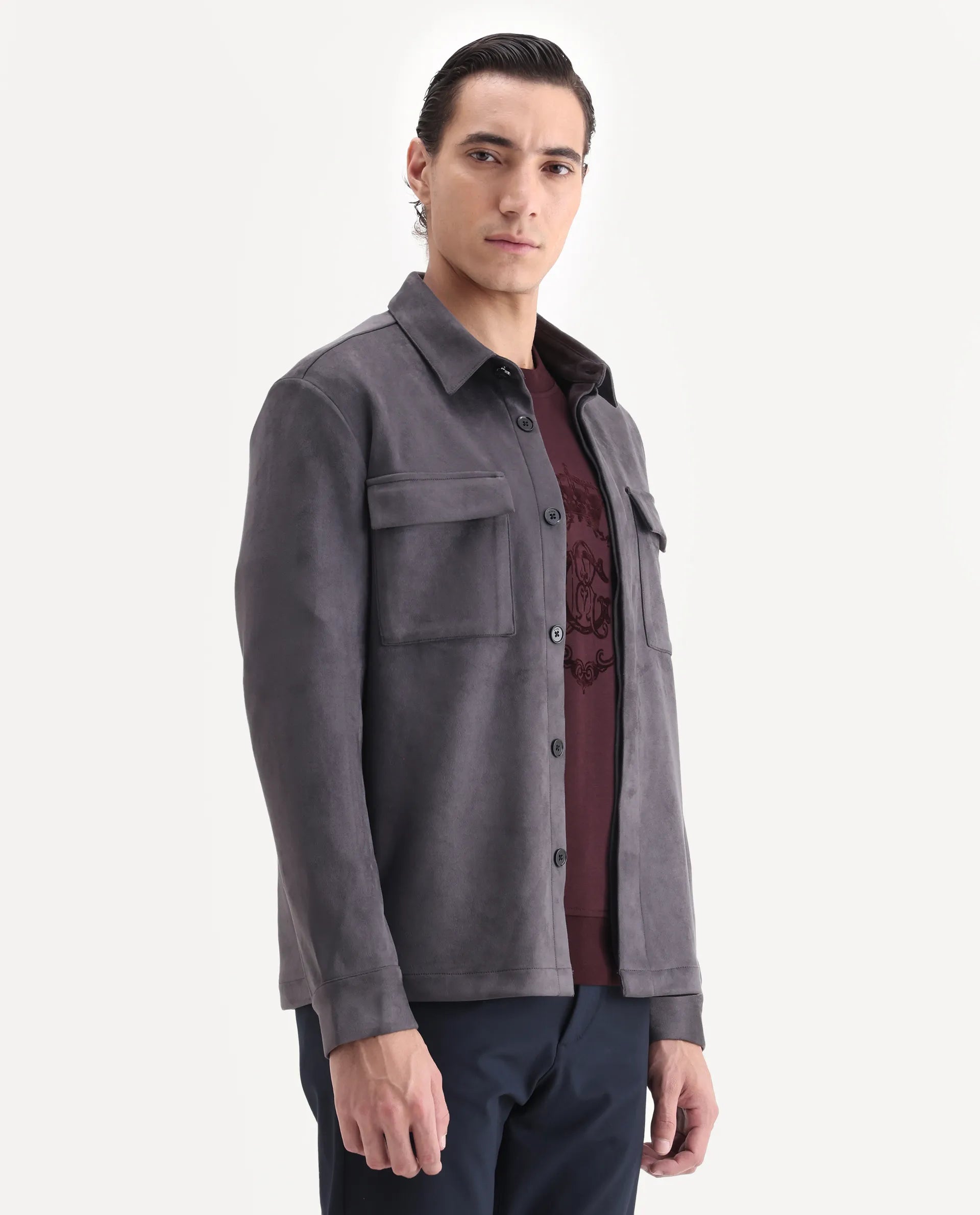 Rare Rabbit Men's Delk-25 Grey Polyester Blend Fabric Collared Neck Relaxed Plain Jacket