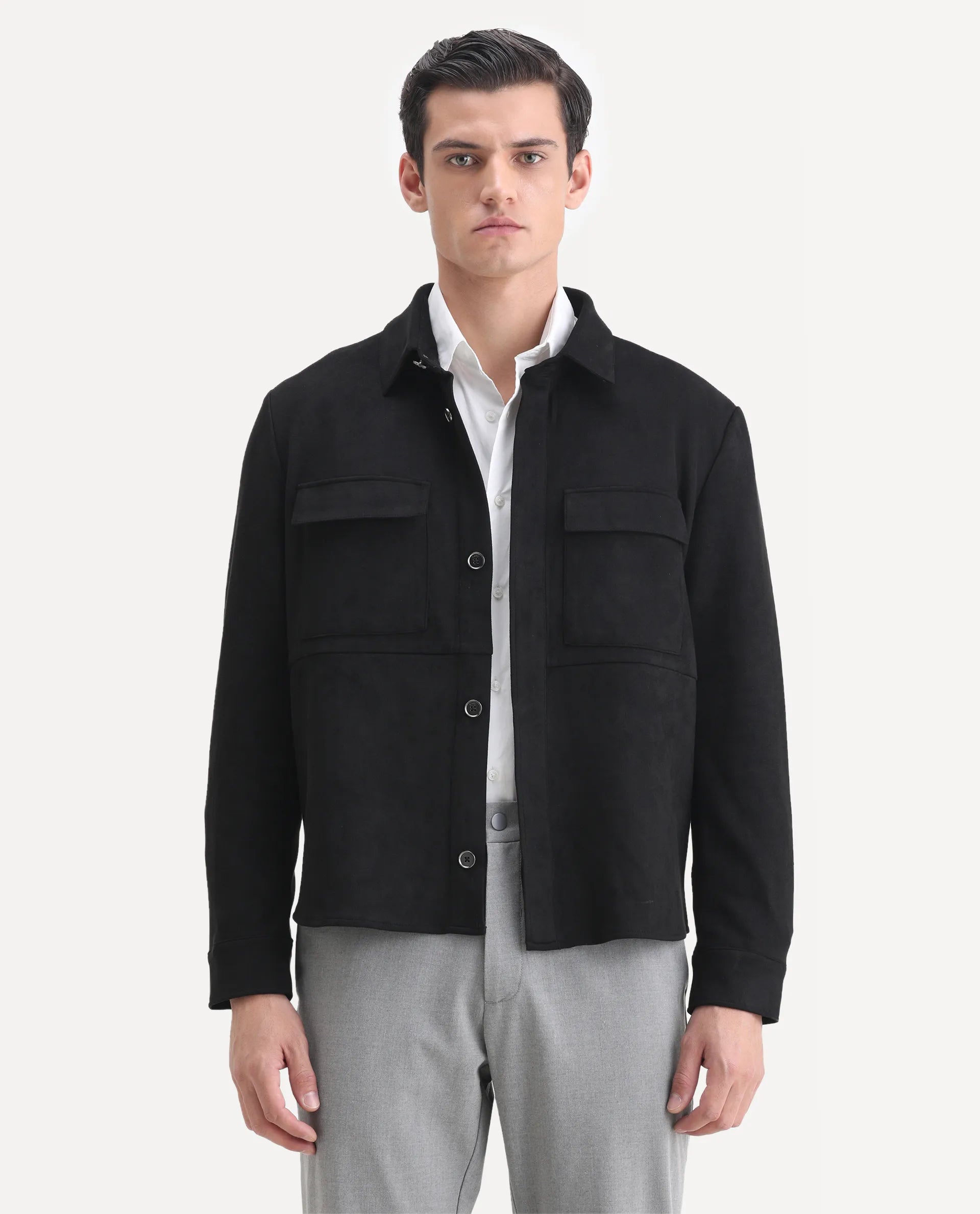 Rare Rabbit Men's Delk-2 Black Polyester Plain Regular Fit Full Sleeve Spread Collar Jacket