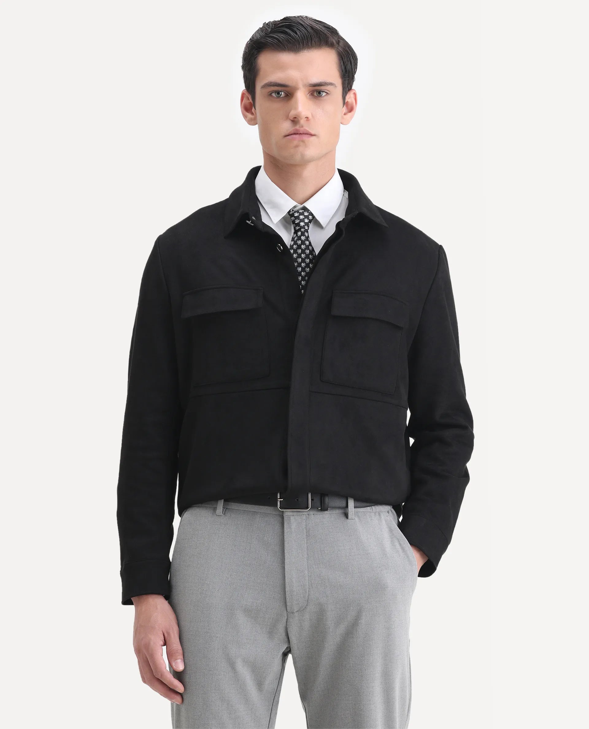 Rare Rabbit Men's Delk-2 Black Polyester Plain Regular Fit Full Sleeve Spread Collar Jacket