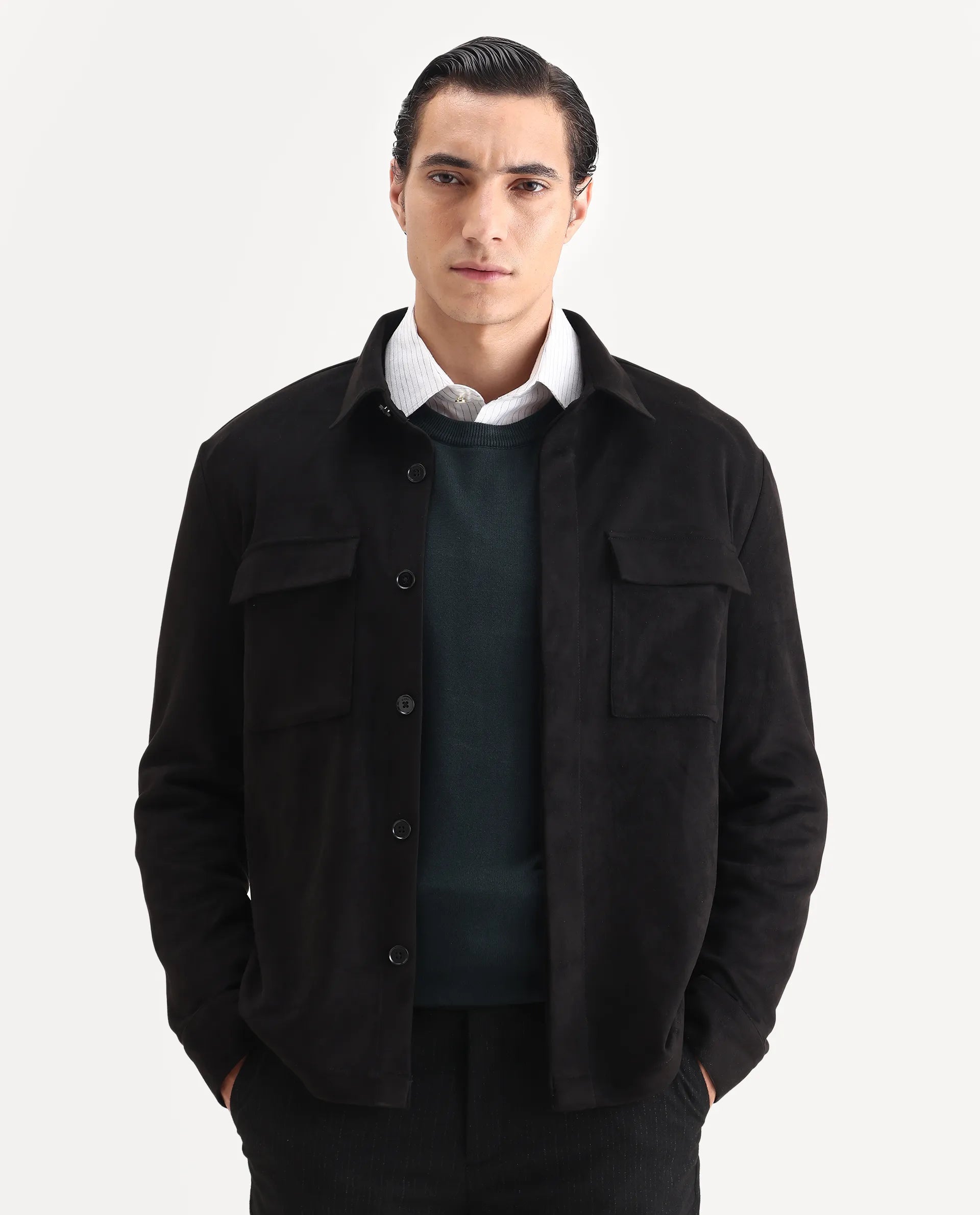 Rare Rabbit Men's Delk-25 Black Polyester Blend Fabric Collared Neck Relaxed Plain Jacket