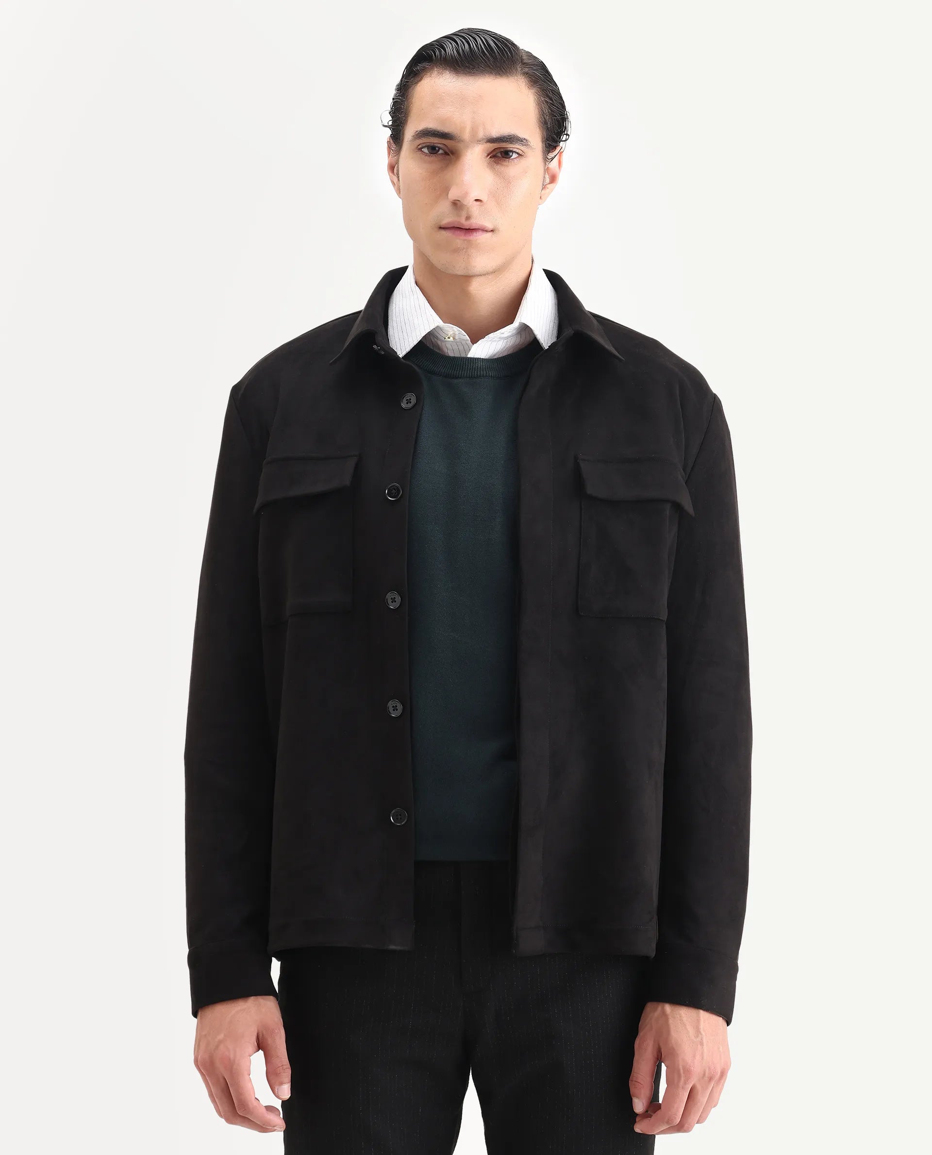 Rare Rabbit Men's Delk-25 Black Polyester Blend Fabric Collared Neck Relaxed Plain Jacket