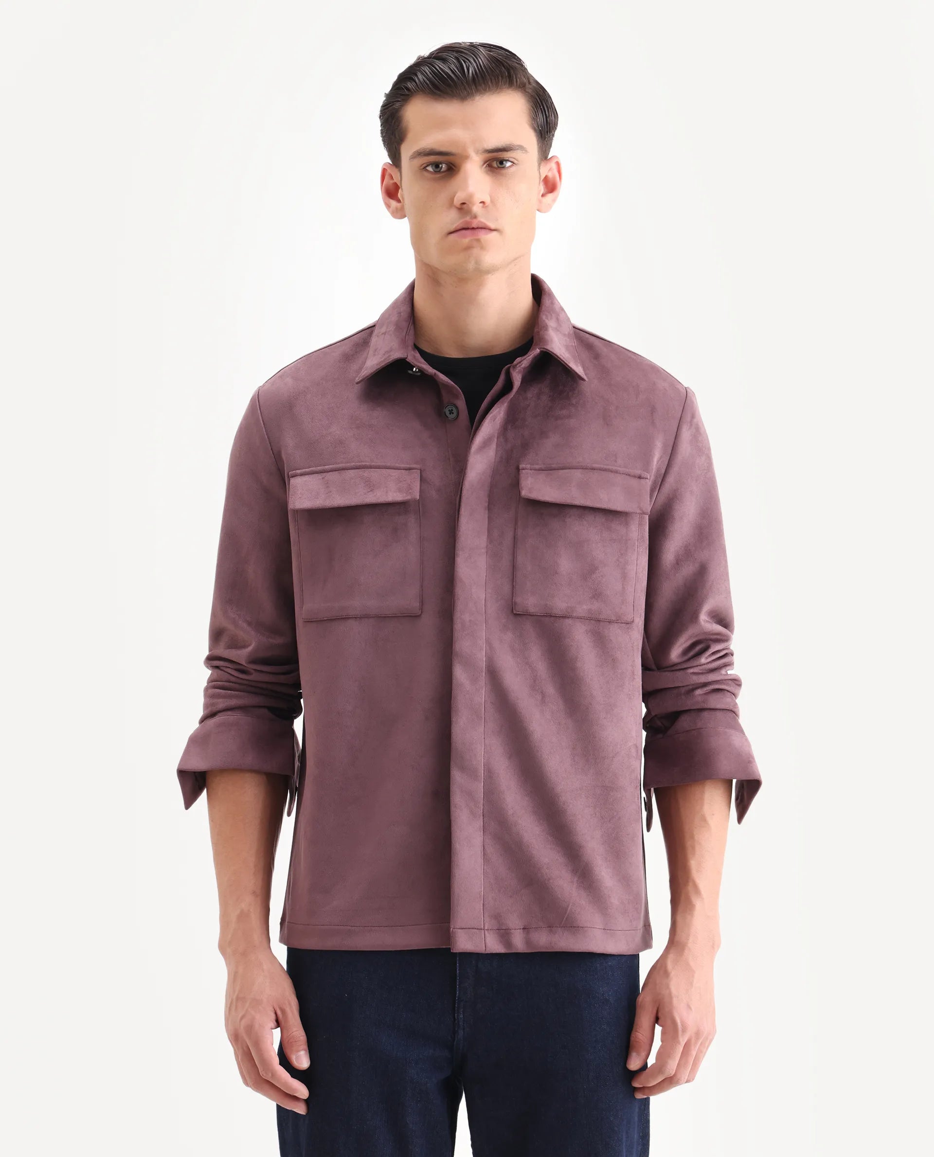 Rare Rabbit Men's Delk-25 Dusky Pink Polyester Blend Fabric Collared Neck Relaxed Plain Jacket