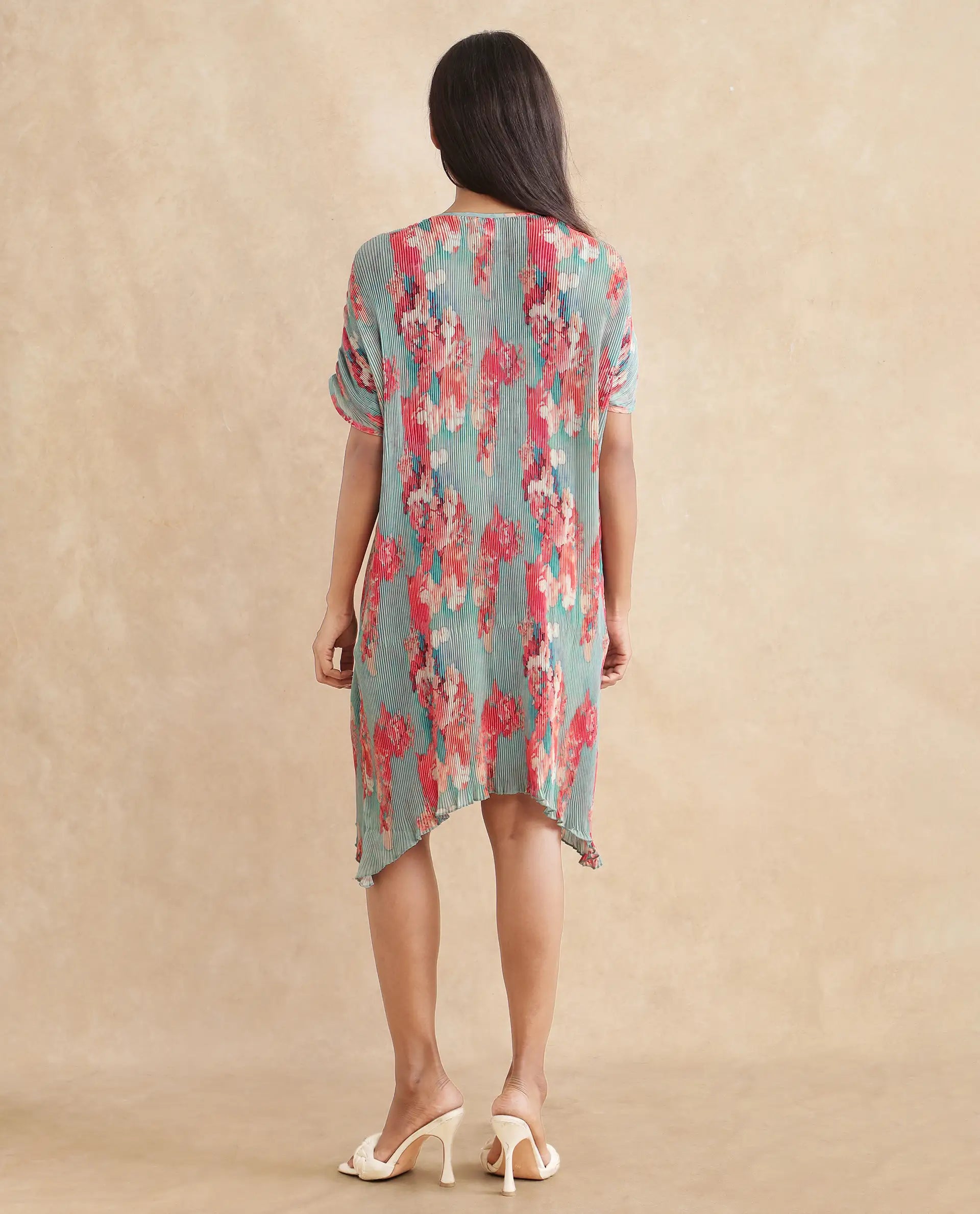 Rareism Women's Dellusion Multi Polyester Blend V-Neck Floral Print Extended Sleeves Mini Asymmetric Dress