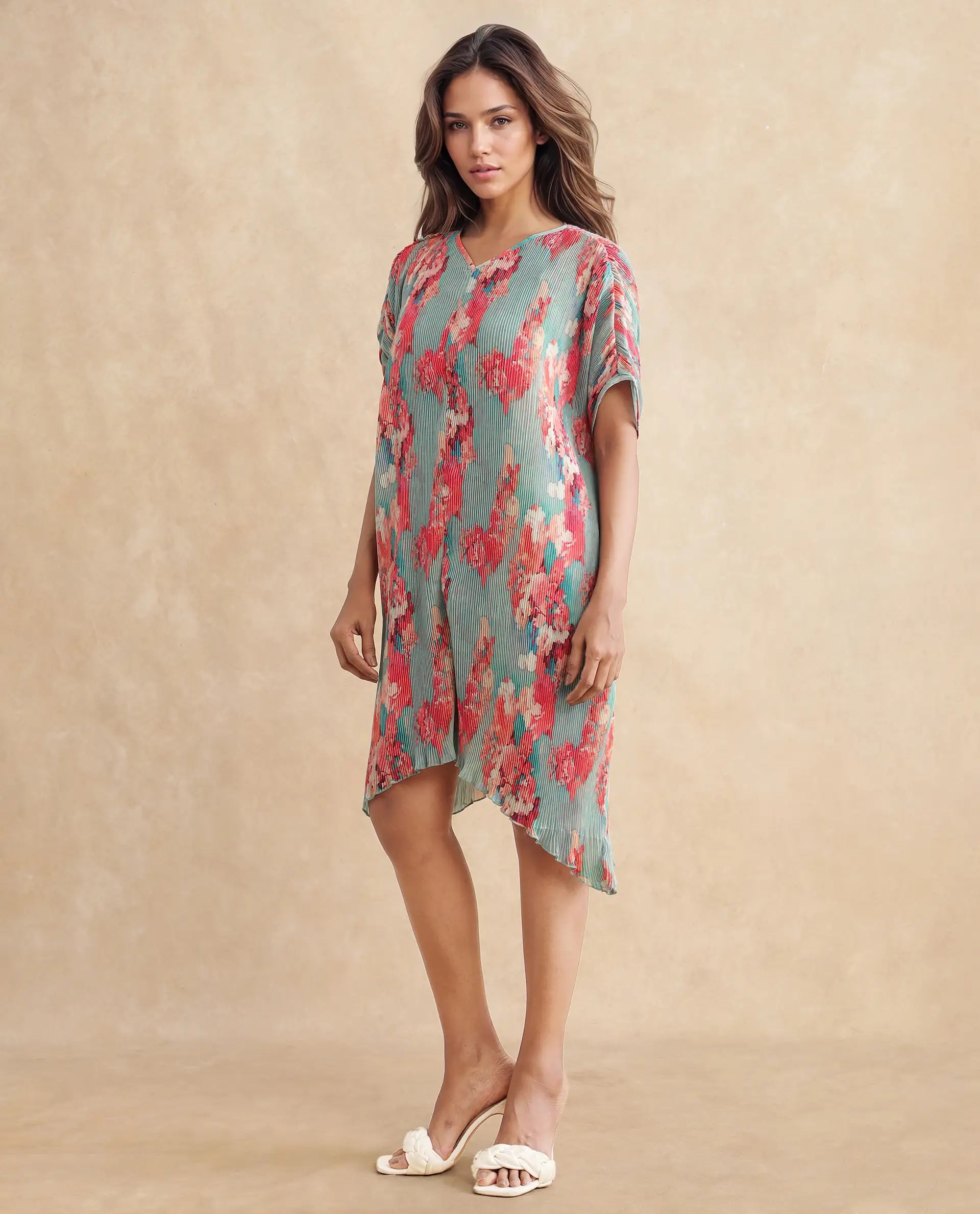 Rareism Women's Dellusion Multi Polyester Blend V-Neck Floral Print Extended Sleeves Mini Asymmetric Dress