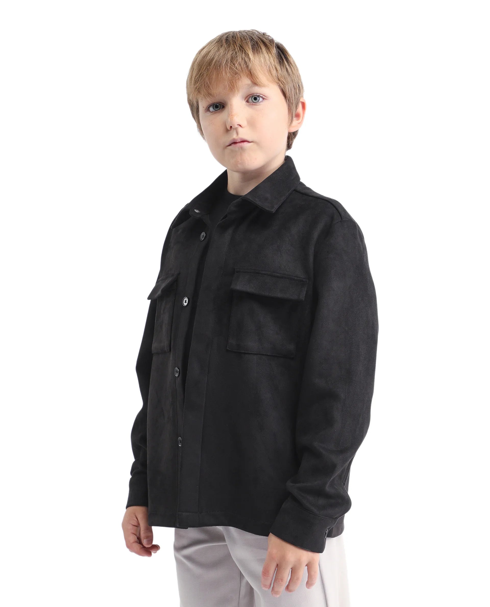 Rare Ones Kids Delo-K Black Polyester Blend Button Closure Spread Collar Plain Full Sleeves Regular Fit Shacket