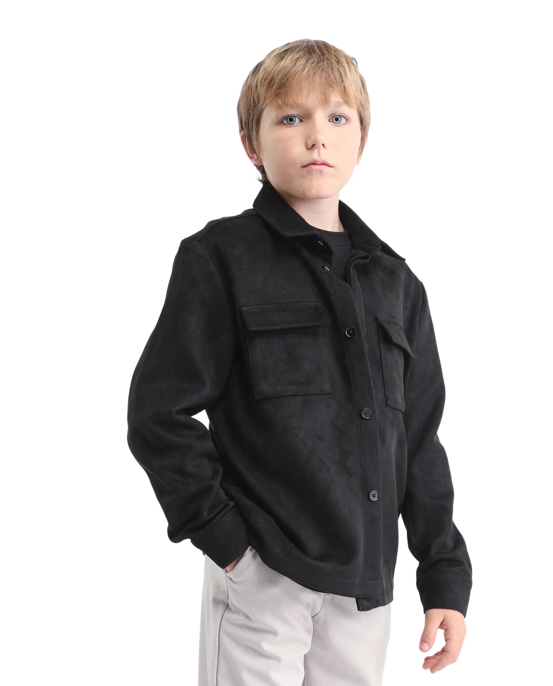 Rare Ones Kids Delo-K Black Polyester Blend Button Closure Spread Collar Plain Full Sleeves Regular Fit Shacket