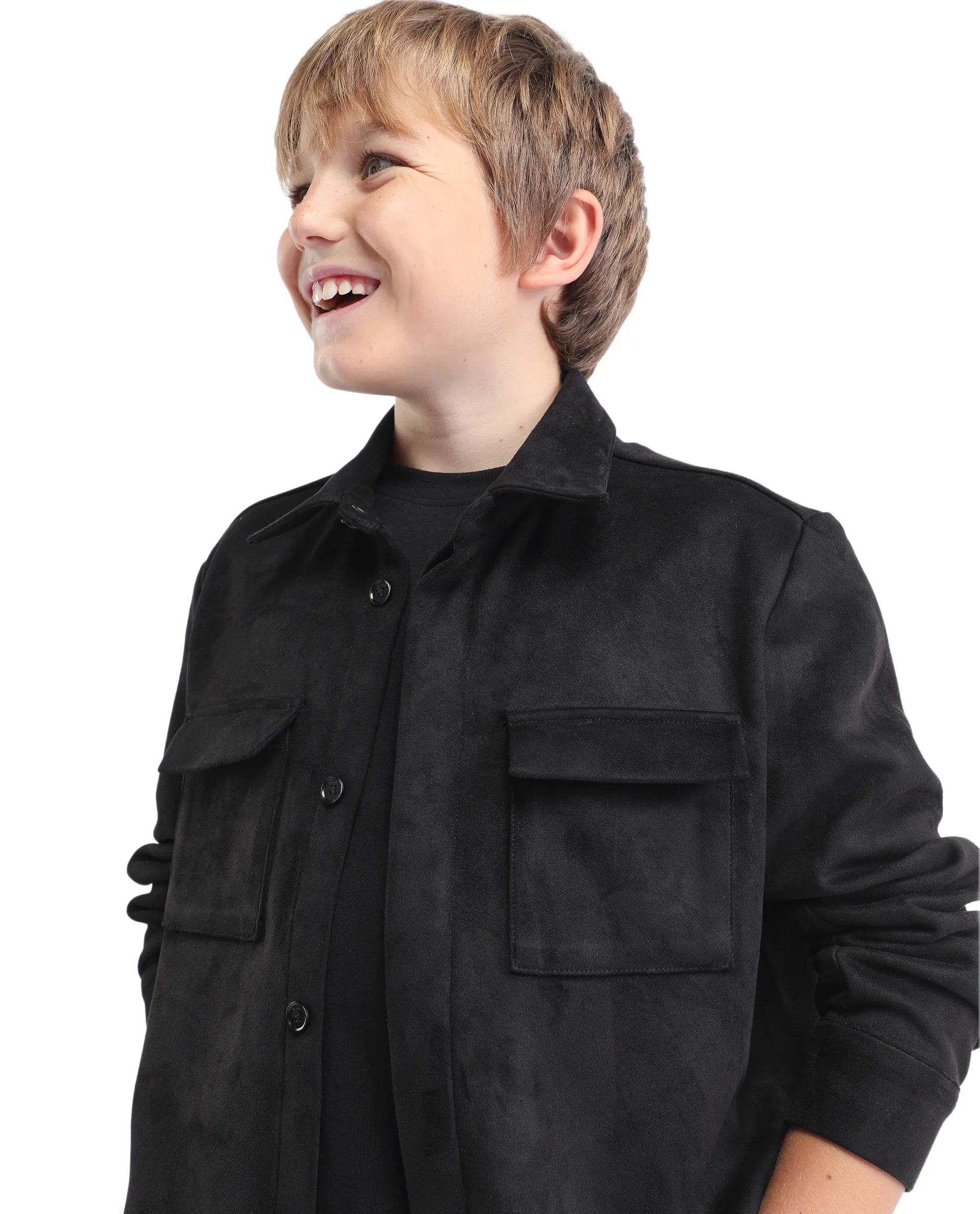 Rare Ones Kids Delo-K Black Polyester Blend Button Closure Spread Collar Plain Full Sleeves Regular Fit Shacket