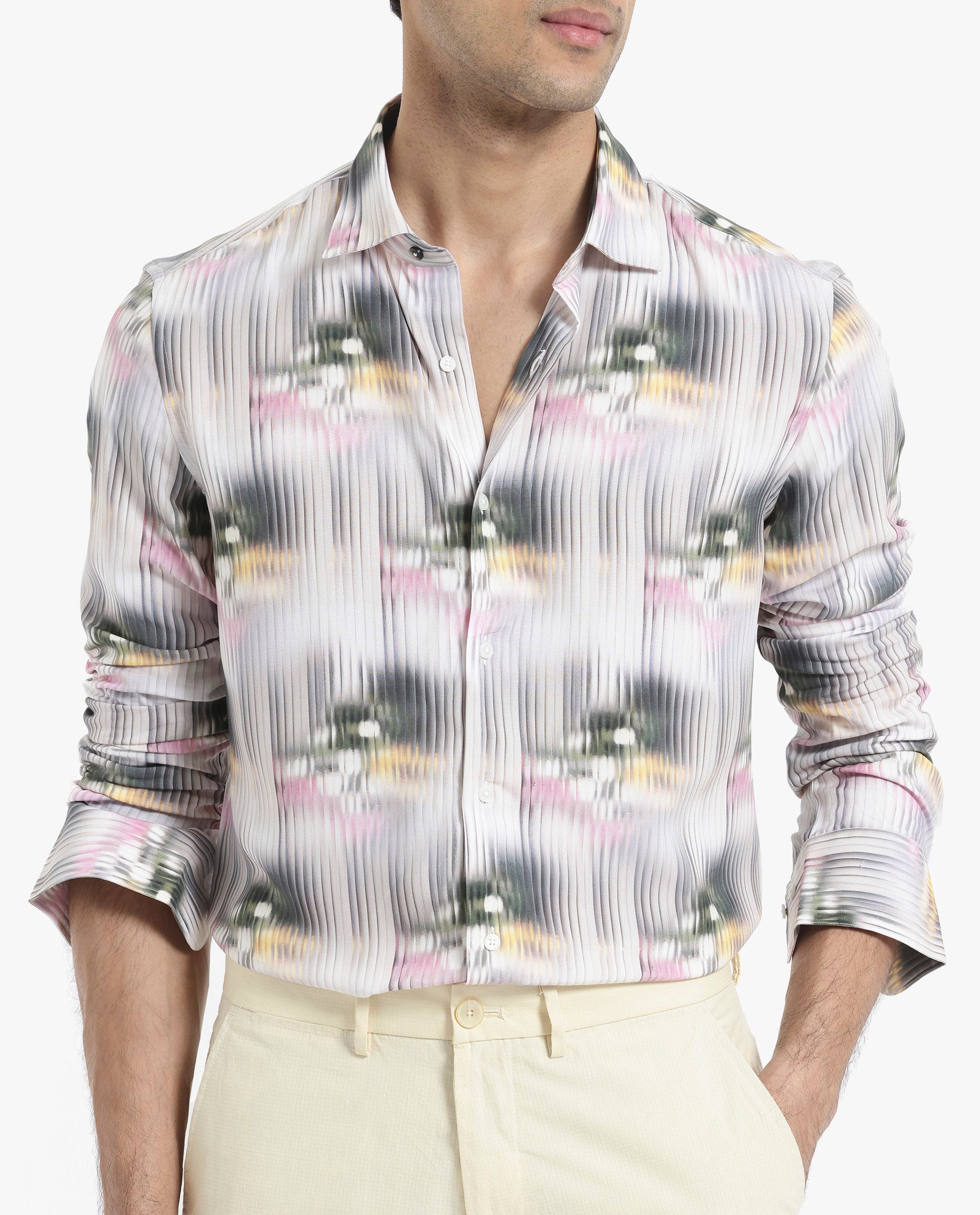 Rare Rabbit Men's Delune Dark Grey Viscose Fabric Regular Collar Abstract Print Self Stripe Shirt