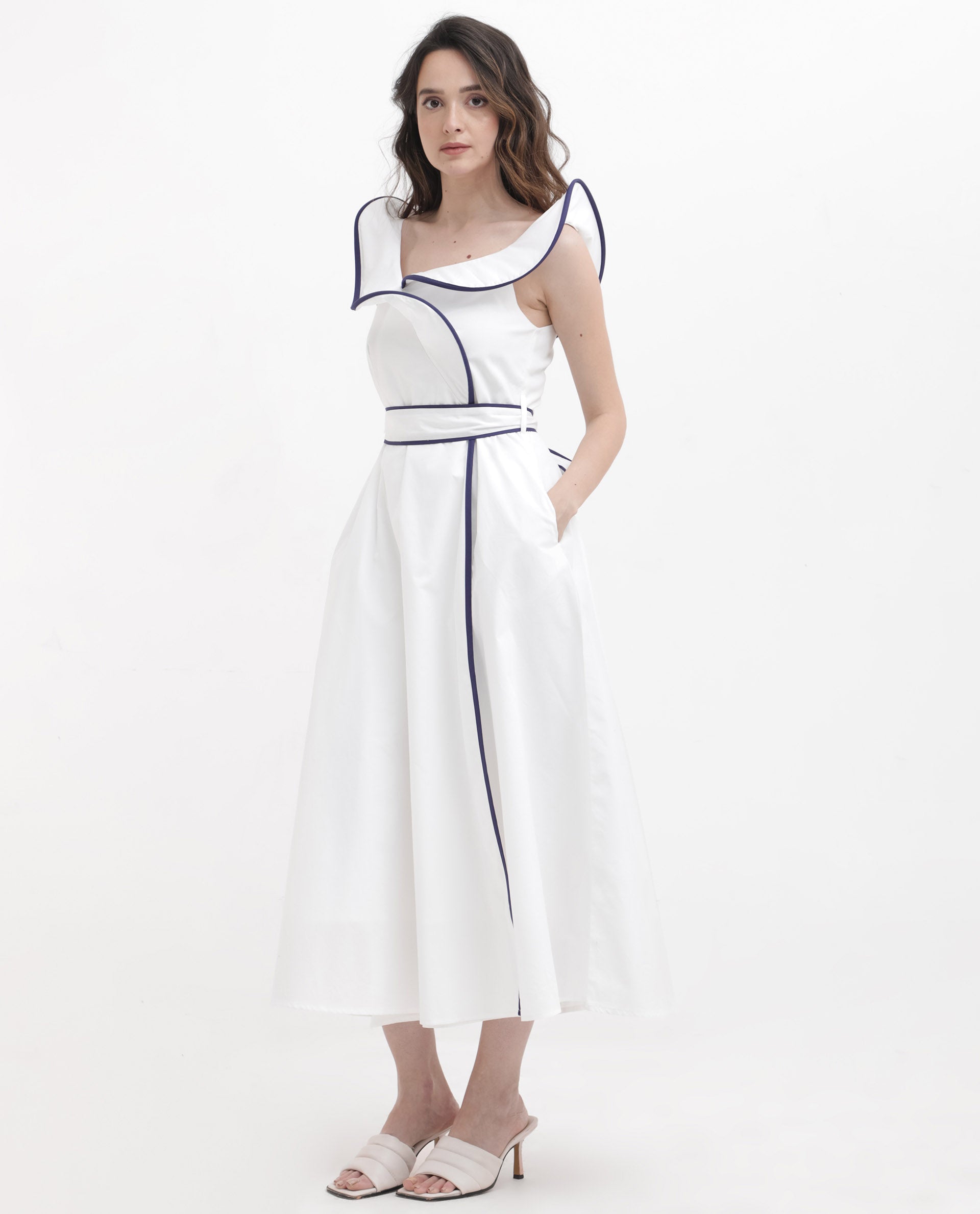 Rareism Women Demono White Cotton Fabric Sleeveless Collared Neck Solid Longline Dress