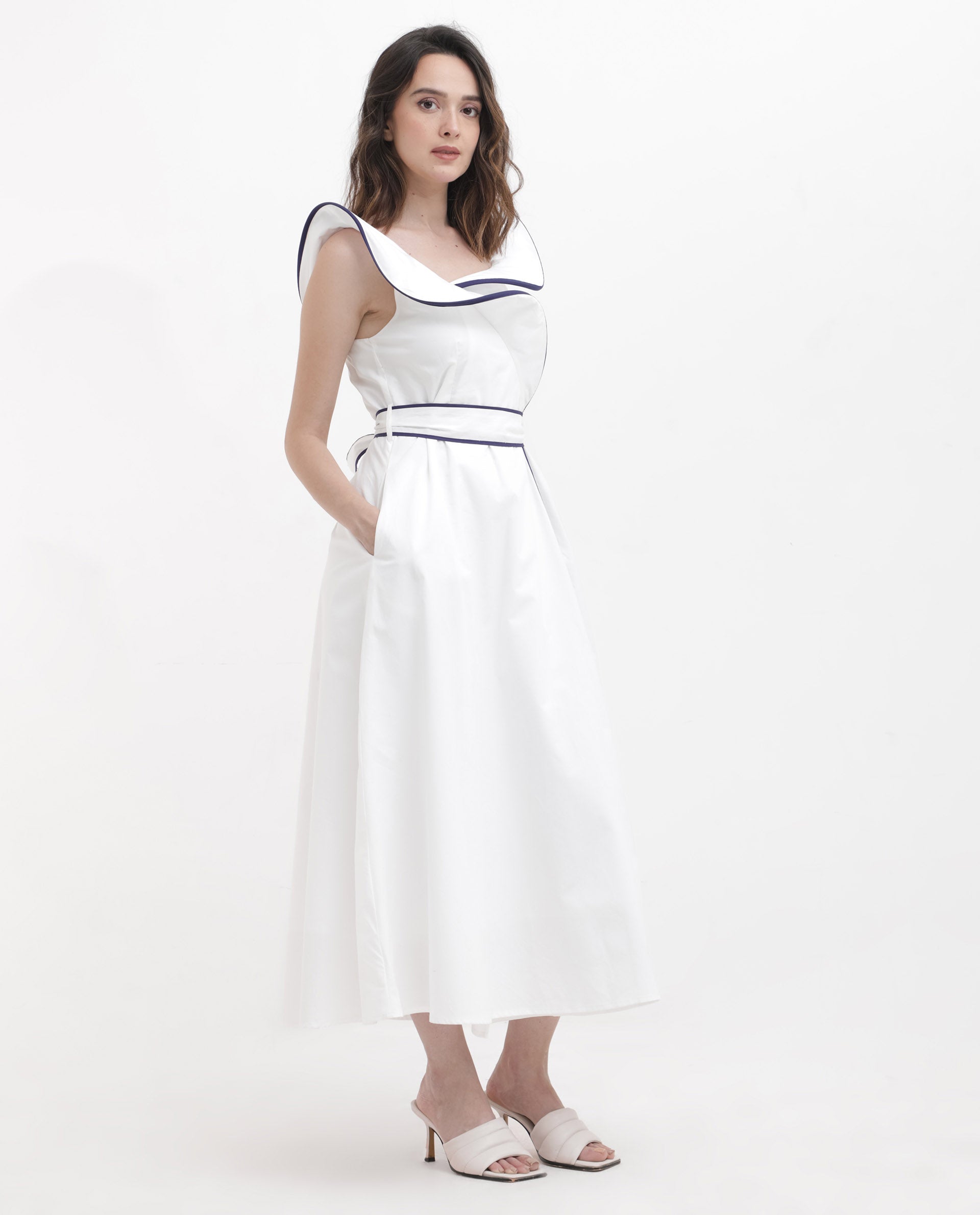 Rareism Women Demono White Cotton Fabric Sleeveless Collared Neck Solid Longline Dress