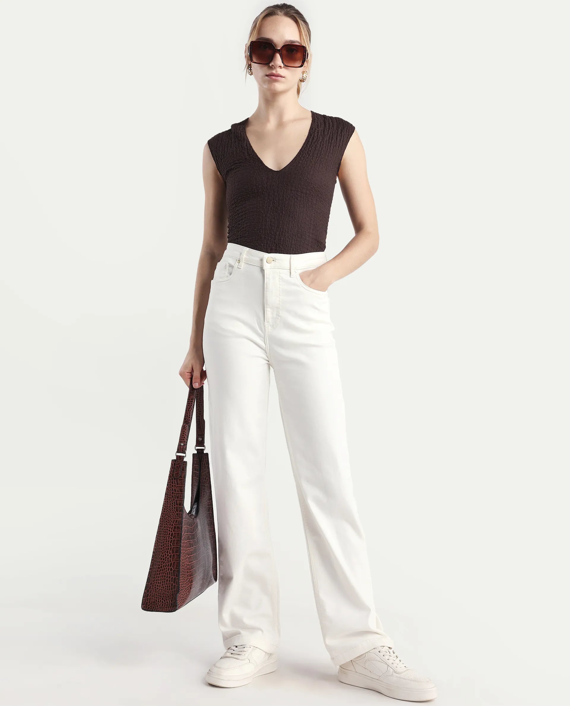 Rareism Women's Denby Off White Cotton Blend Straight Plain Jeans