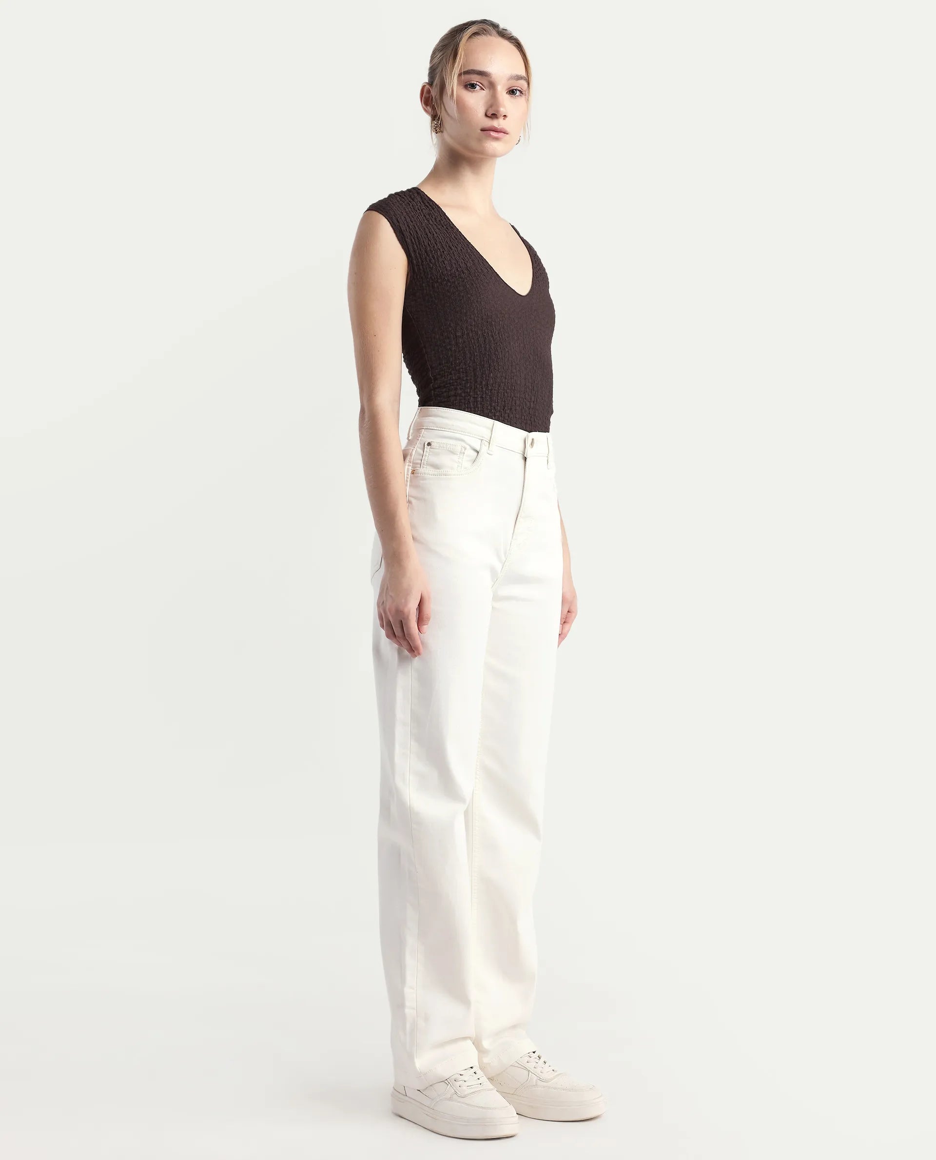 Rareism Women's Denby Off White Cotton Blend Straight Plain Jeans