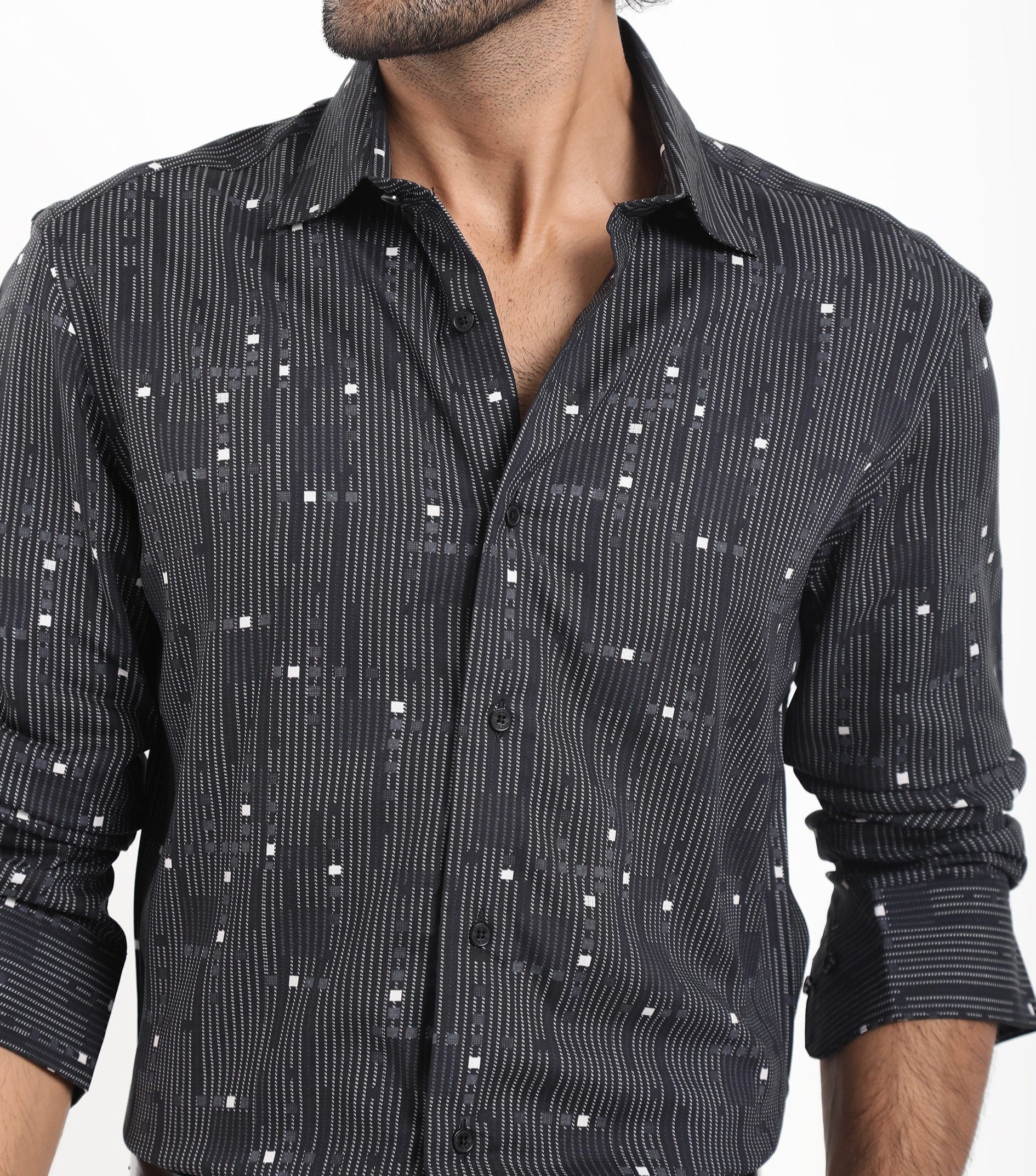 Rare Rabbit Men's Deneb Dark Blue Viscose Fabric Full Sleeve Regular Fit Abstract Geometric Print Shirt