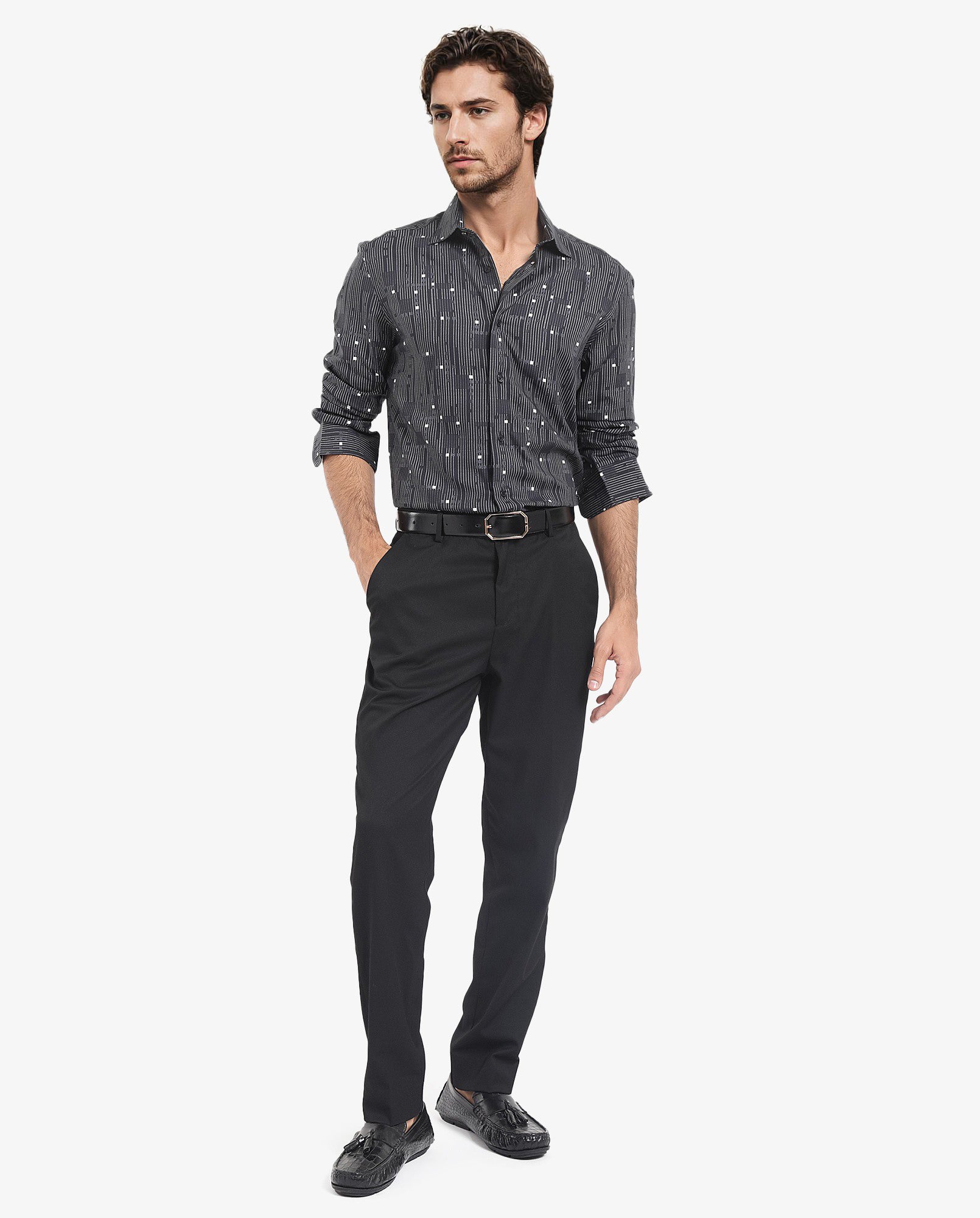 Rare Rabbit Men's Deneb Dark Blue Viscose Fabric Full Sleeve Regular Fit Abstract Geometric Print Shirt