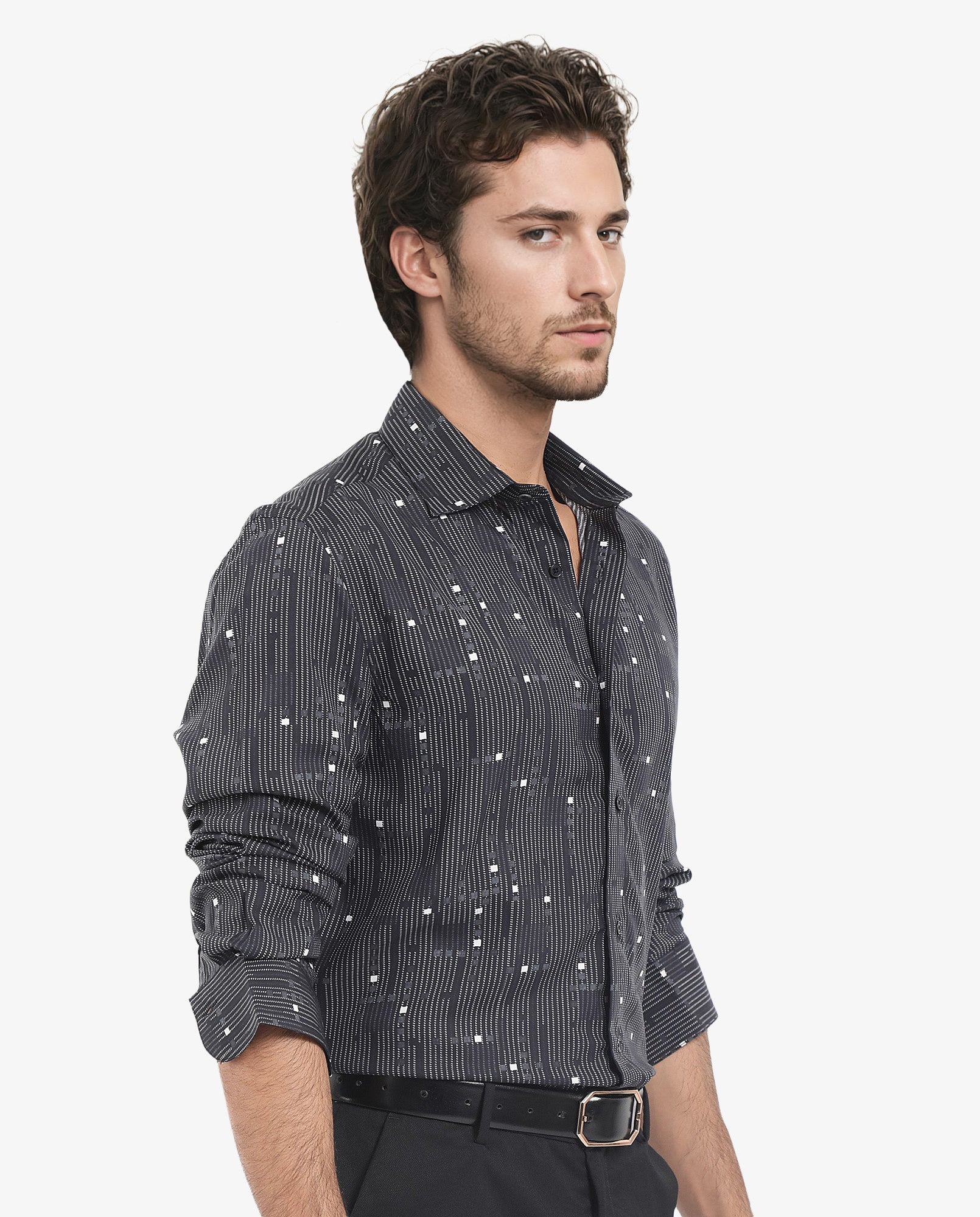 Rare Rabbit Men's Deneb Dark Blue Viscose Fabric Full Sleeve Regular Fit Abstract Geometric Print Shirt