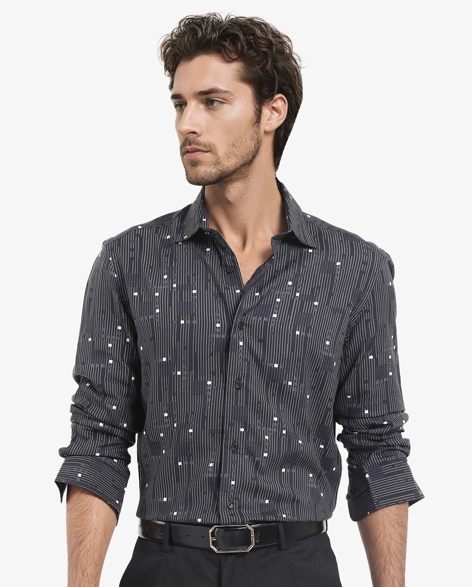 Rare Rabbit Men's Deneb Dark Blue Viscose Fabric Full Sleeve Regular Fit Abstract Geometric Print Shirt