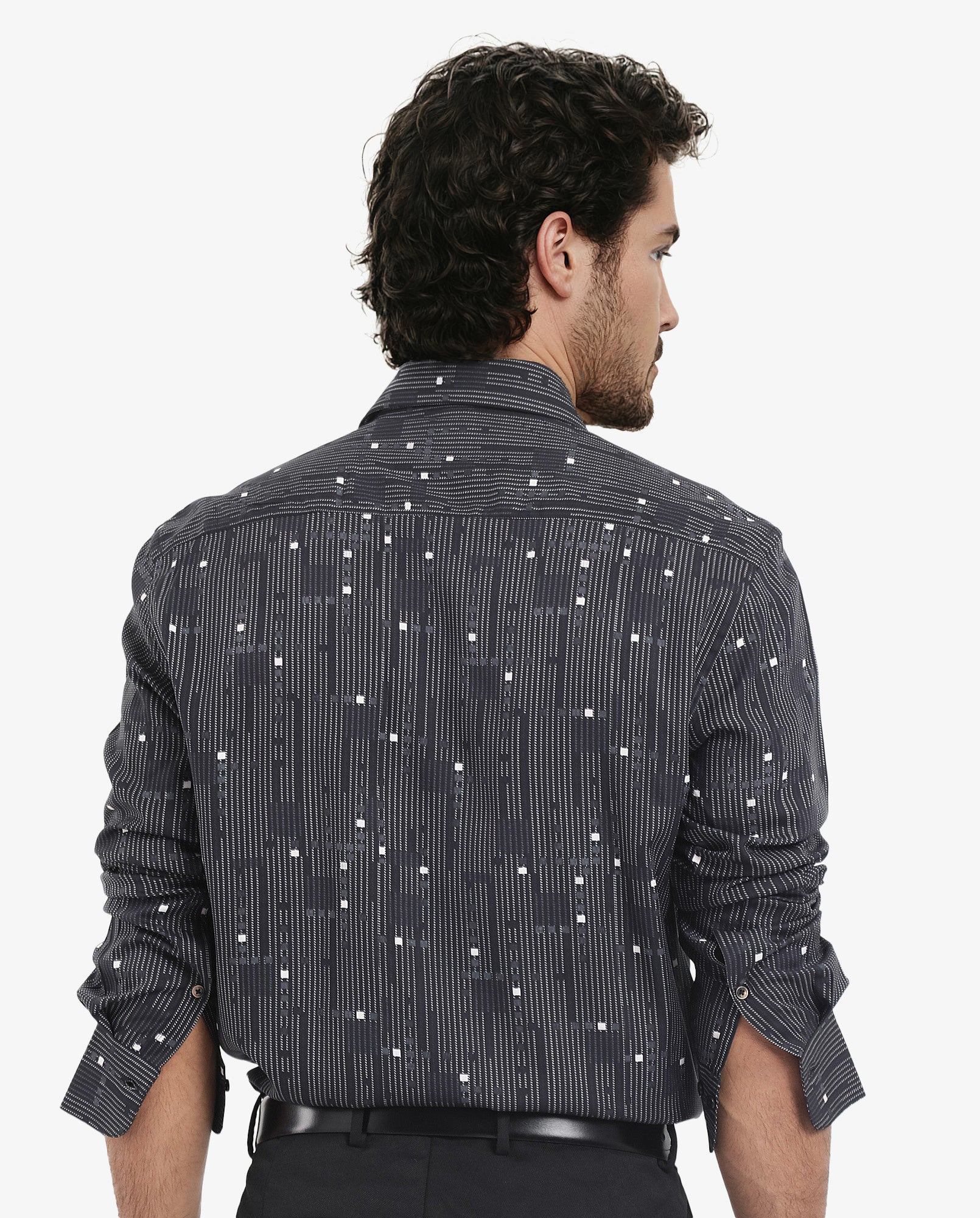 Rare Rabbit Men's Deneb Dark Blue Viscose Fabric Full Sleeve Regular Fit Abstract Geometric Print Shirt