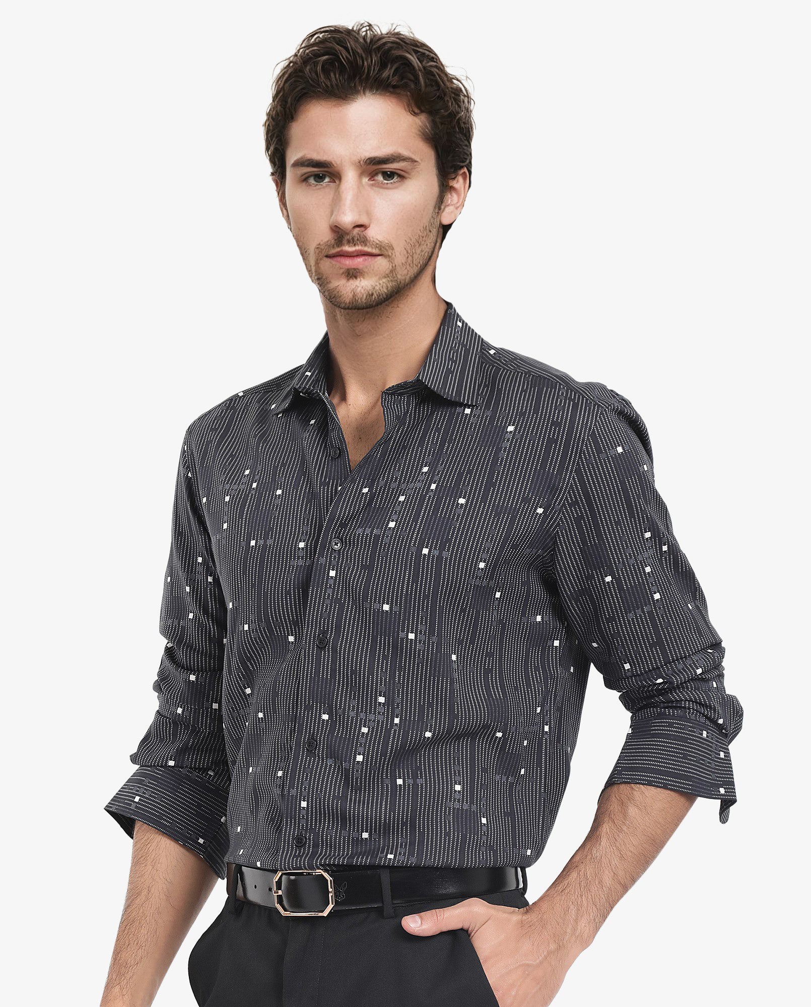 Rare Rabbit Men's Deneb Dark Blue Viscose Fabric Full Sleeve Regular Fit Abstract Geometric Print Shirt