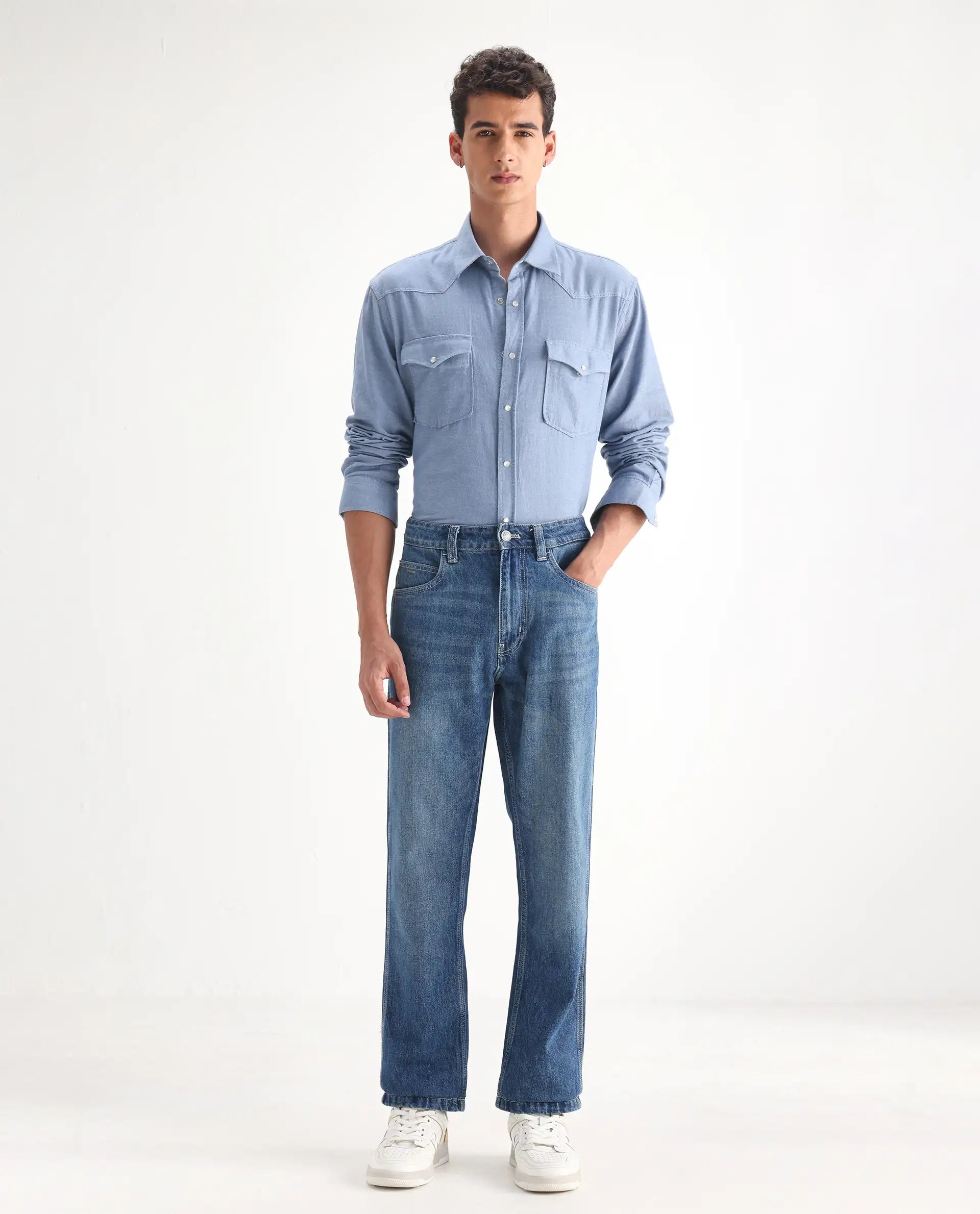 Rare Rabbit Men's Denis Blue Cotton Plain Morris Regular Fit Jeans