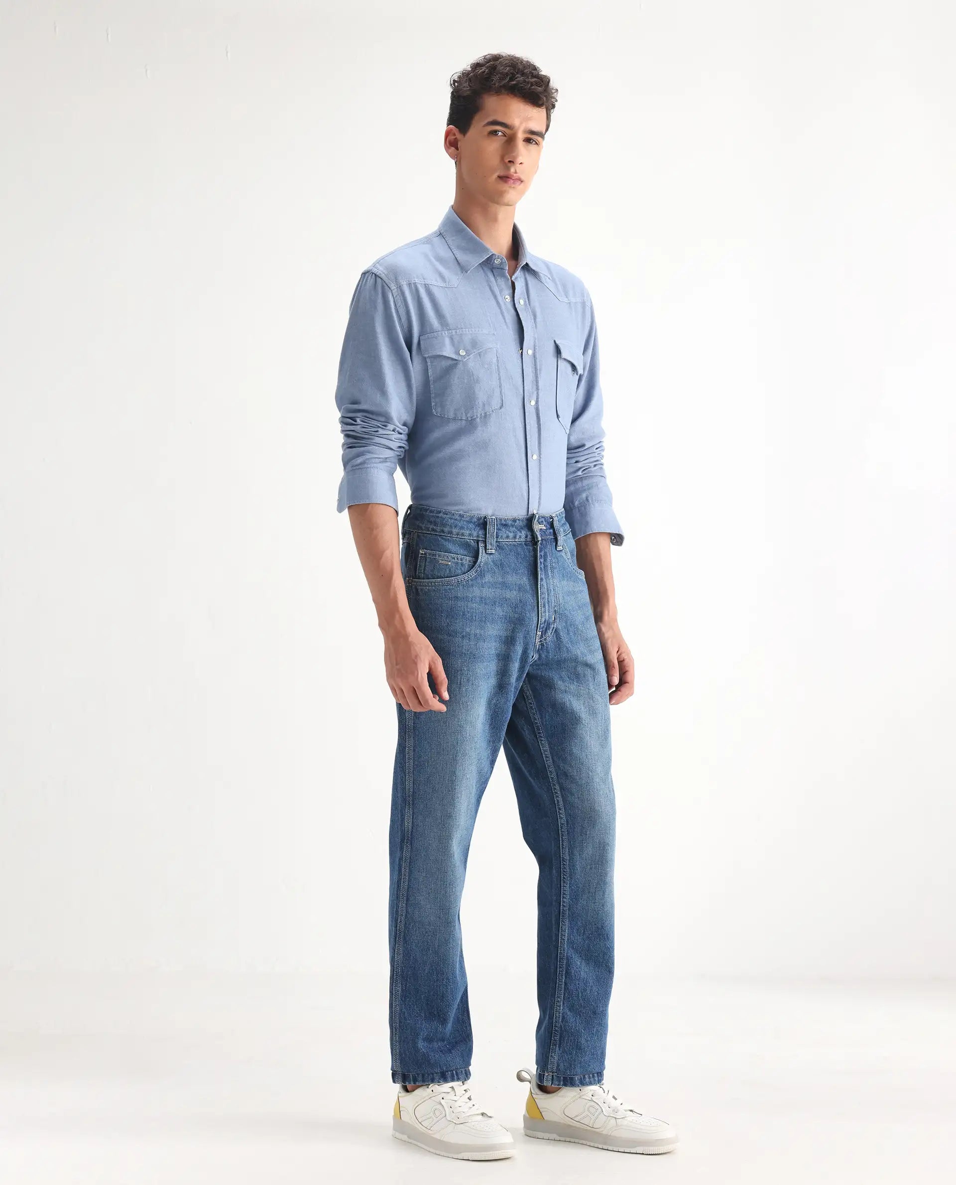 Rare Rabbit Men's Denis Blue Cotton Plain Morris Regular Fit Jeans