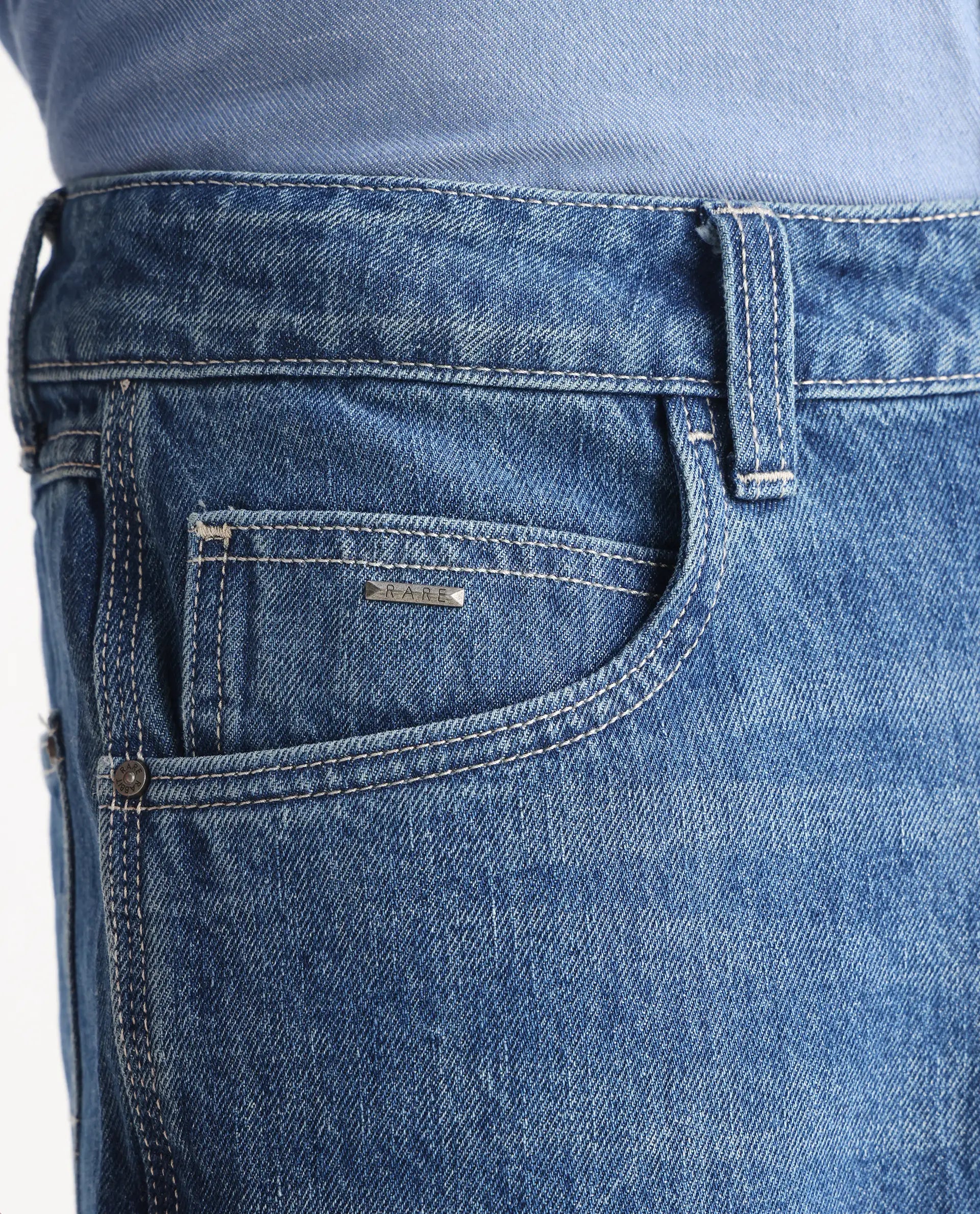 Rare Rabbit Men's Denis Blue Cotton Plain Morris Regular Fit Jeans