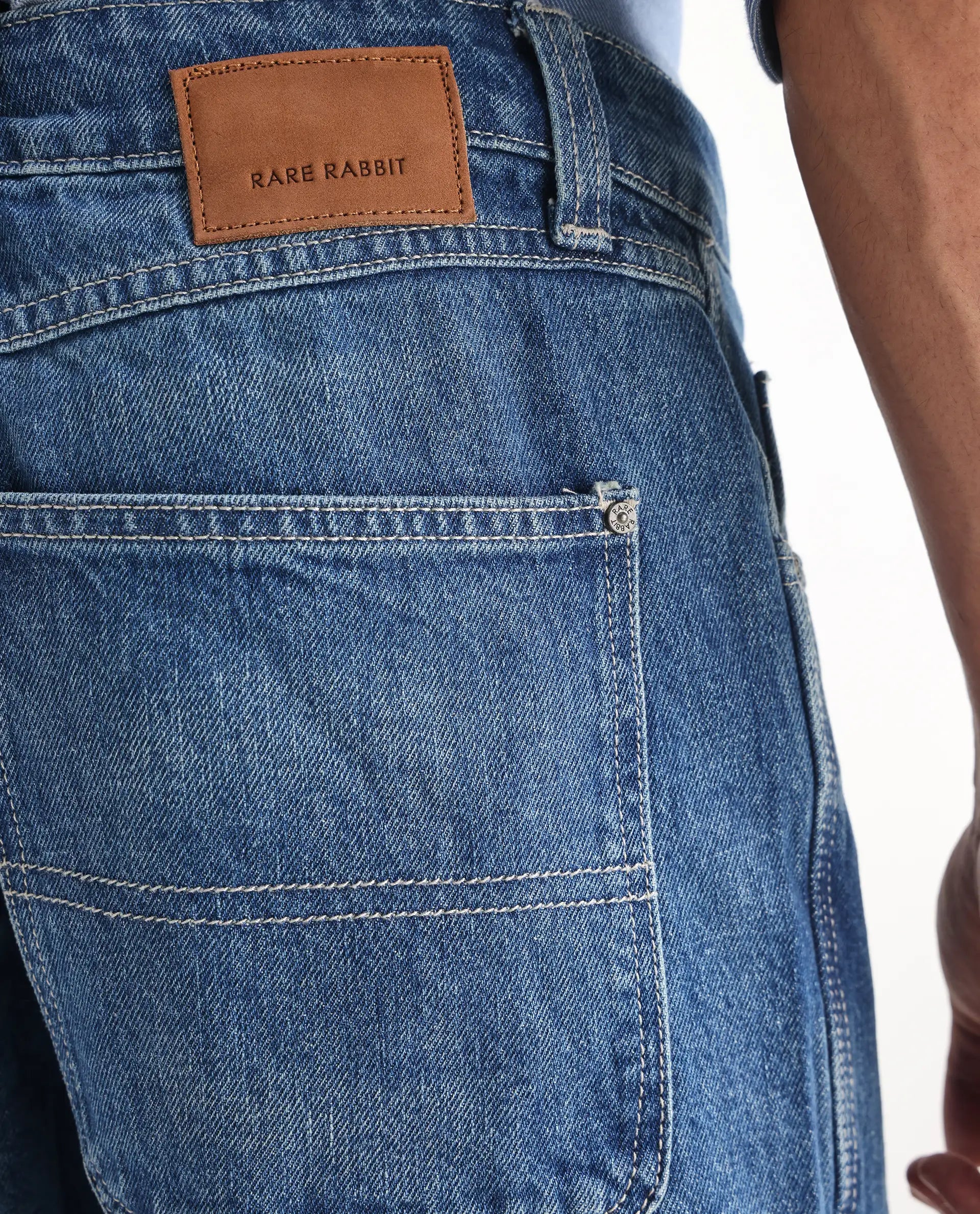 Rare Rabbit Men's Denis Blue Cotton Plain Morris Regular Fit Jeans