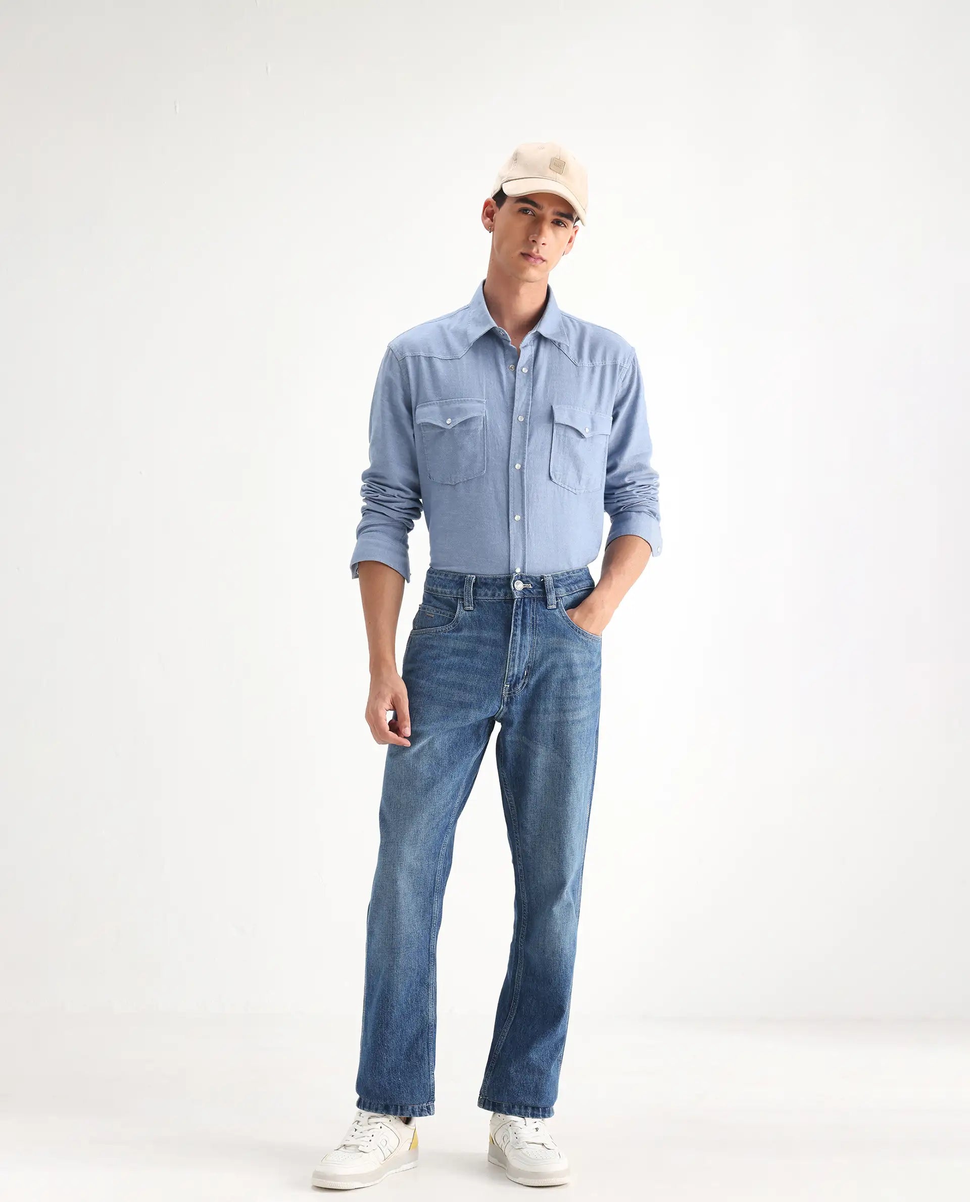 Rare Rabbit Men's Denis Blue Cotton Plain Morris Regular Fit Jeans