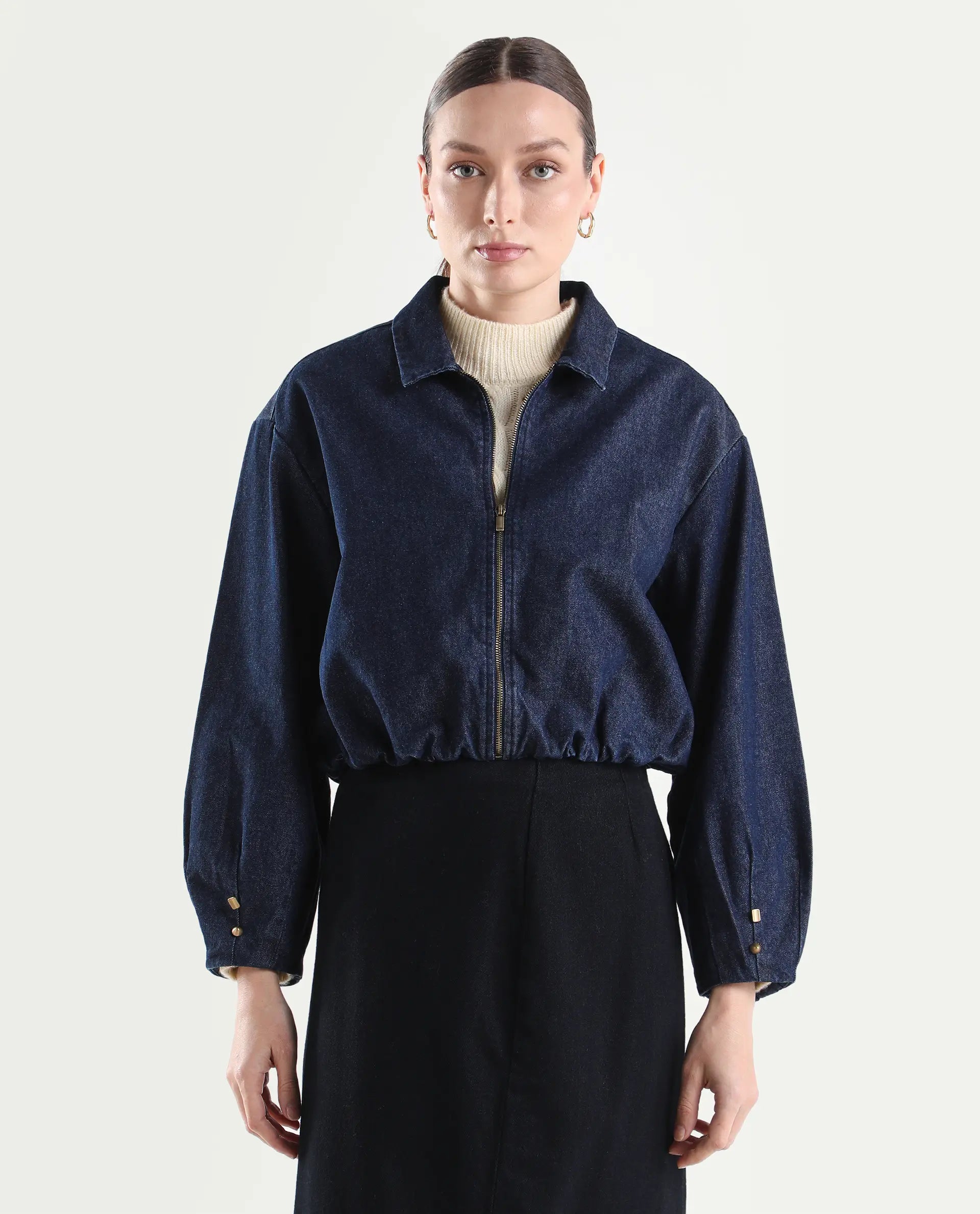 Rareism Women's Denjac Dark Blue Cotton Full Sleeve Regular Fit Plain Jacket
