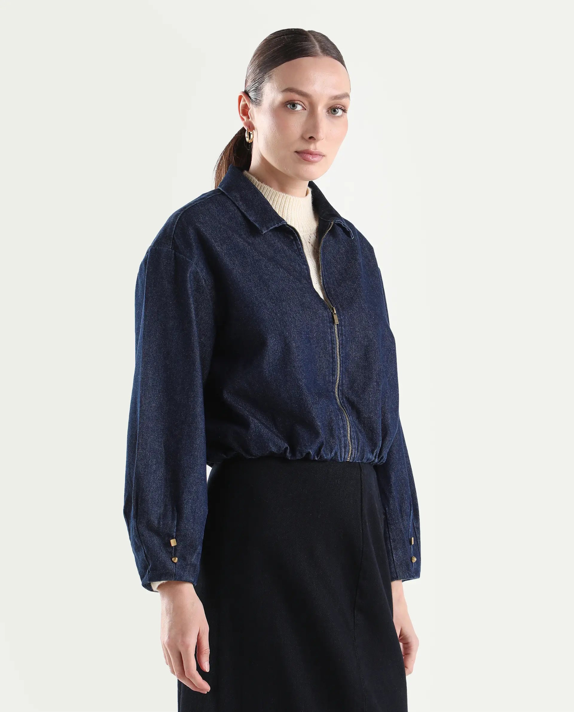 Rareism Women's Denjac Dark Blue Cotton Full Sleeve Regular Fit Plain Jacket
