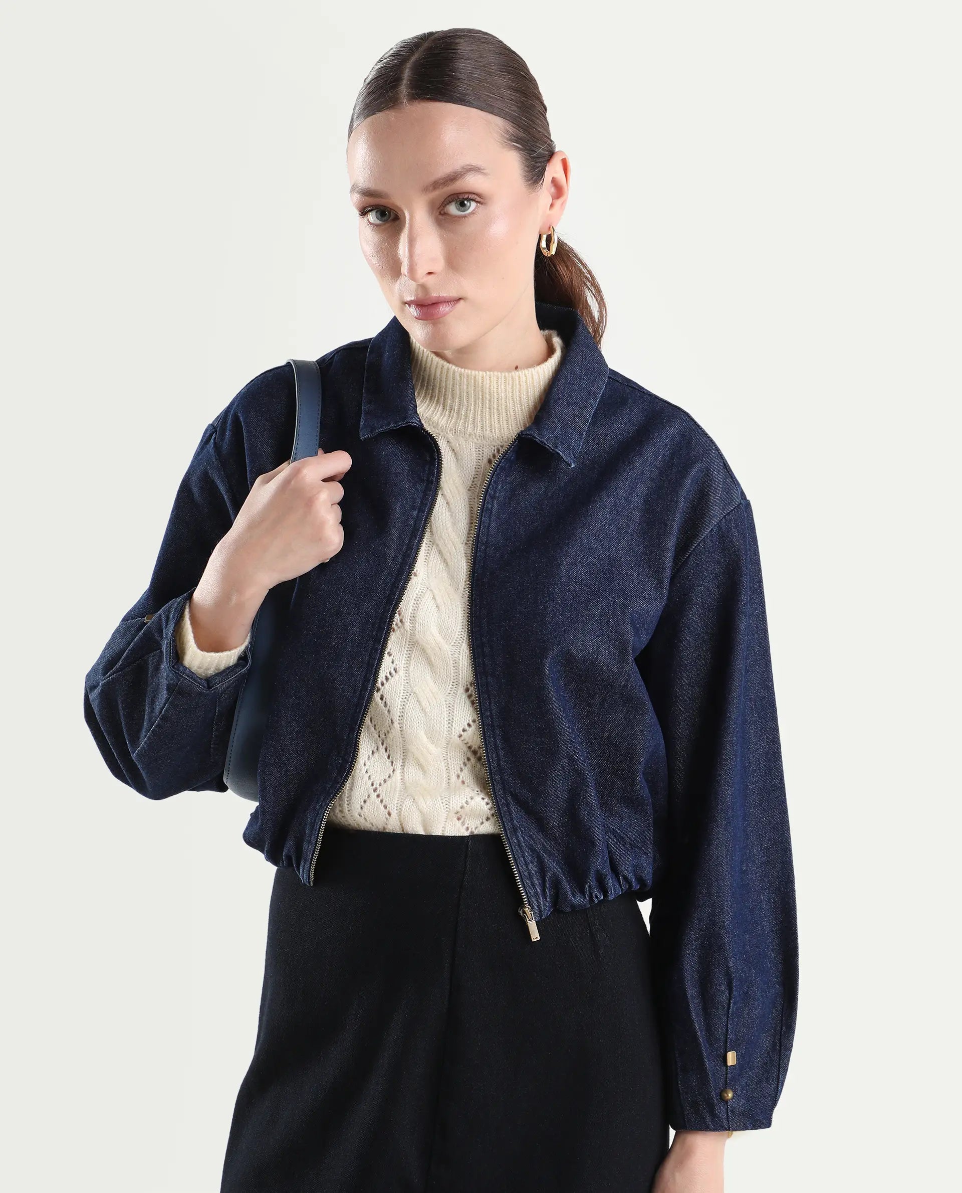 Rareism Women's Denjac Dark Blue Cotton Full Sleeve Regular Fit Plain Jacket