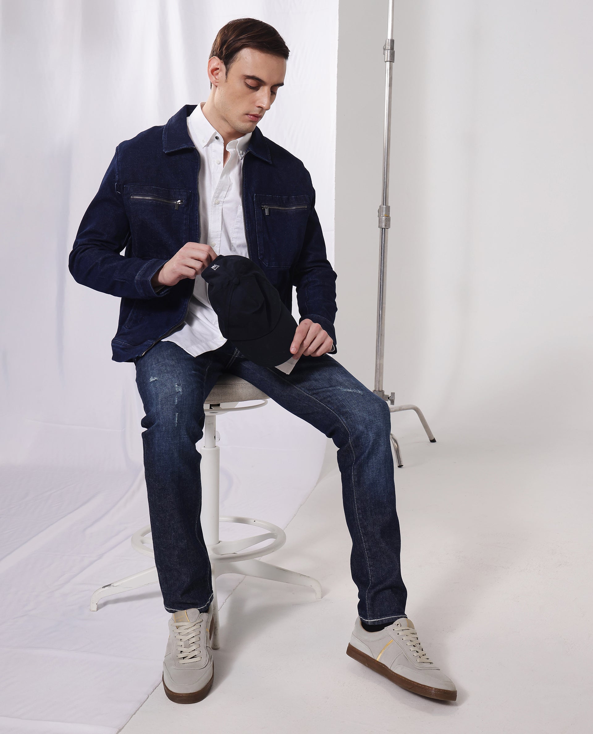 Rare Rabbit Men Denner Dark Blue Cotton Polyester Fabric Full Sleeve Collared Zipper Closure Denim Plain Jacket