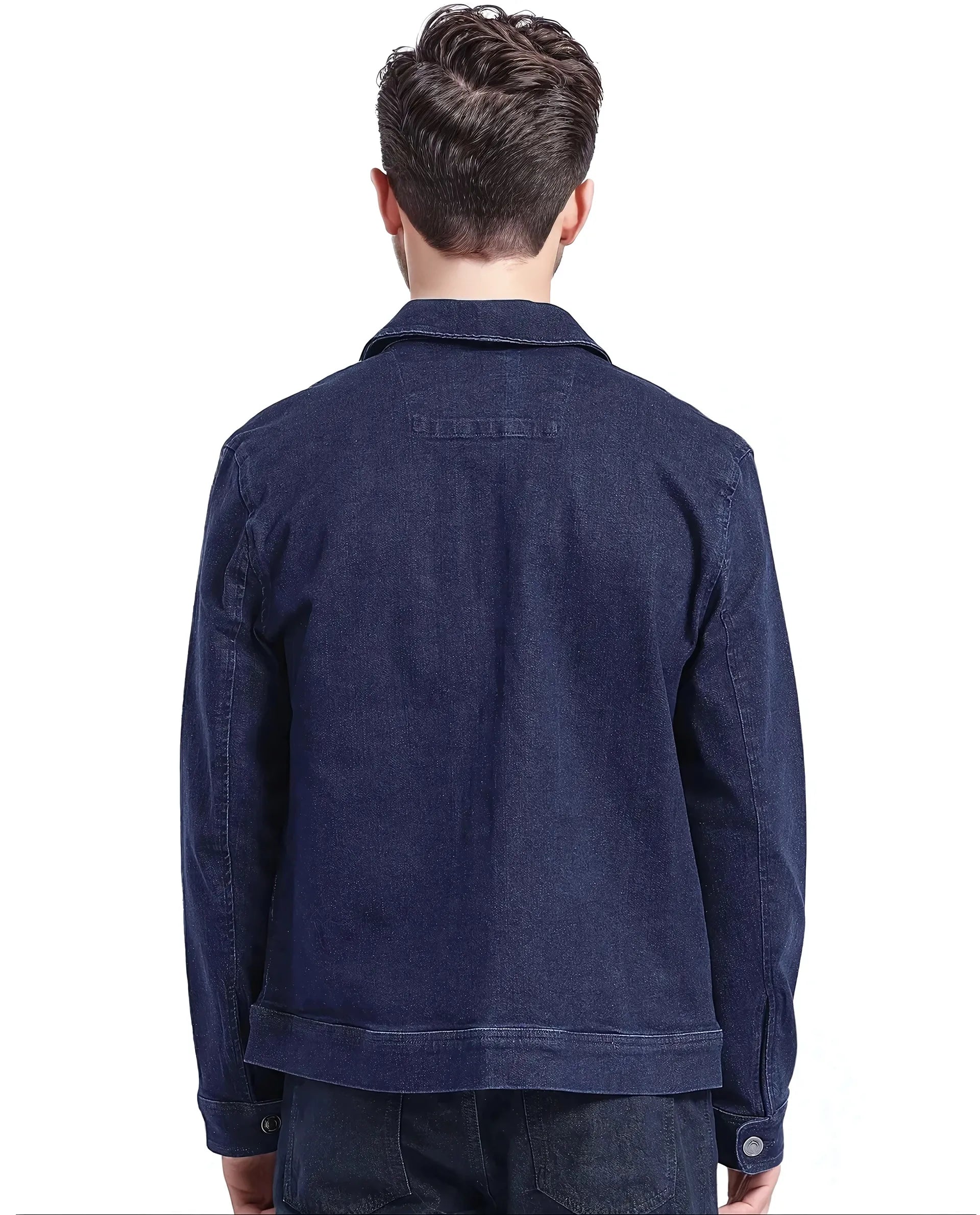 Rare Rabbit Men Denner Dark Blue Cotton Polyester Fabric Full Sleeve Collared Zipper Closure Denim Plain Jacket