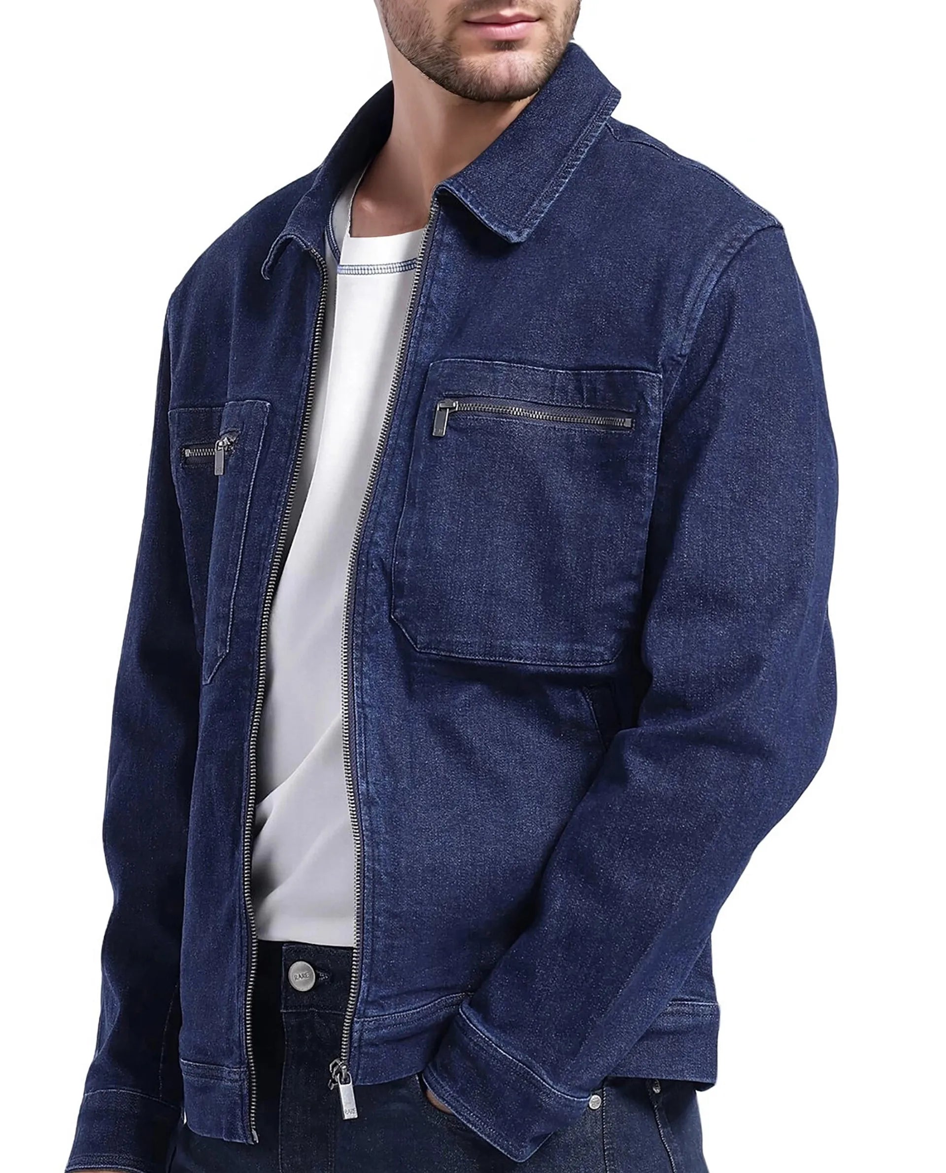 Rare Rabbit Men Denner Dark Blue Cotton Polyester Fabric Full Sleeve Collared Zipper Closure Denim Plain Jacket