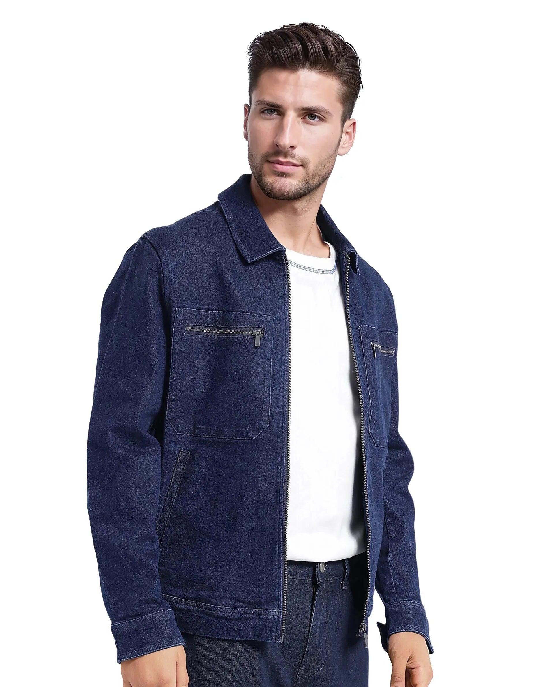 Rare Rabbit Men Denner Dark Blue Cotton Polyester Fabric Full Sleeve Collared Zipper Closure Denim Plain Jacket