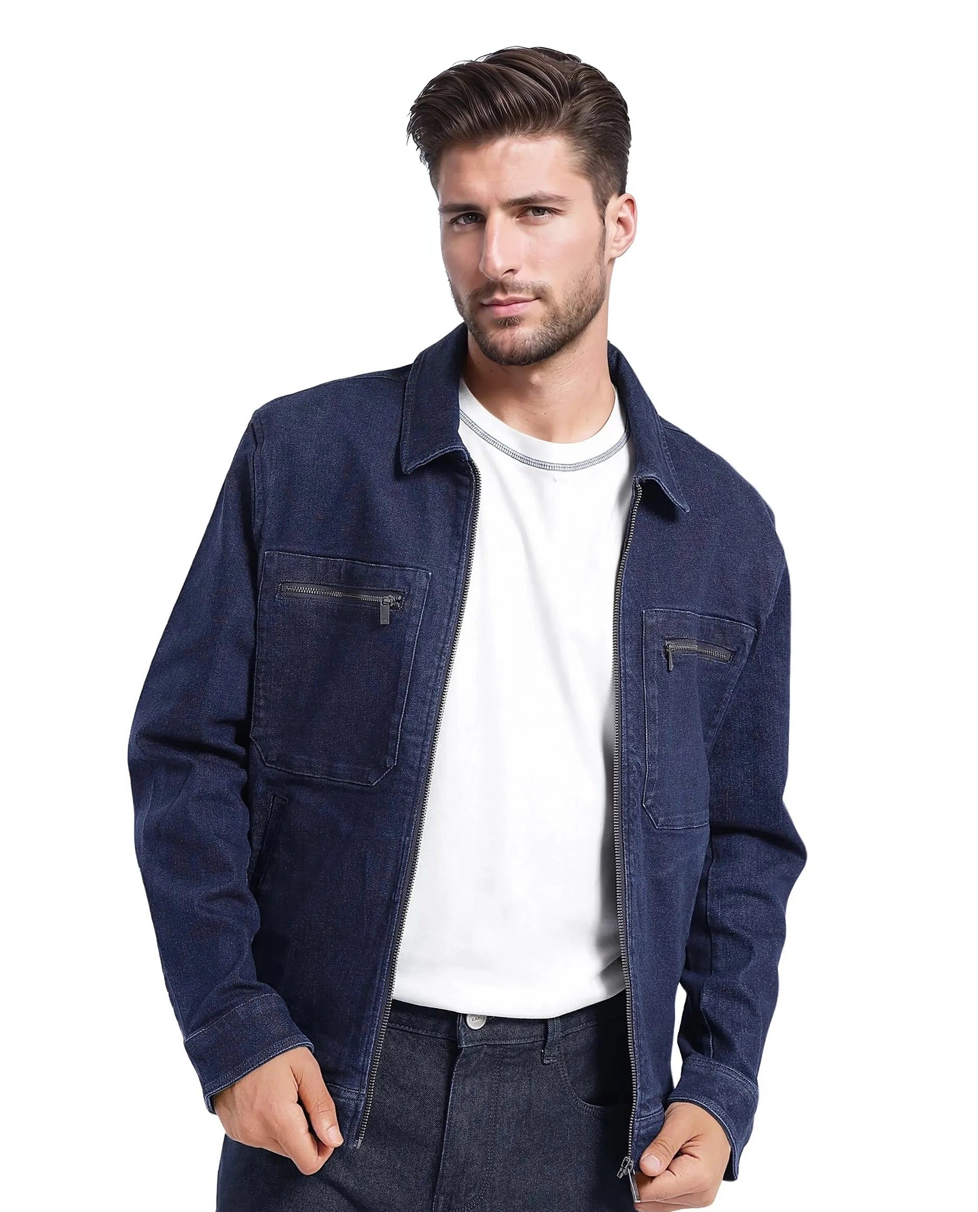 Rare Rabbit Men Denner Dark Blue Cotton Polyester Fabric Full Sleeve Collared Zipper Closure Denim Plain Jacket